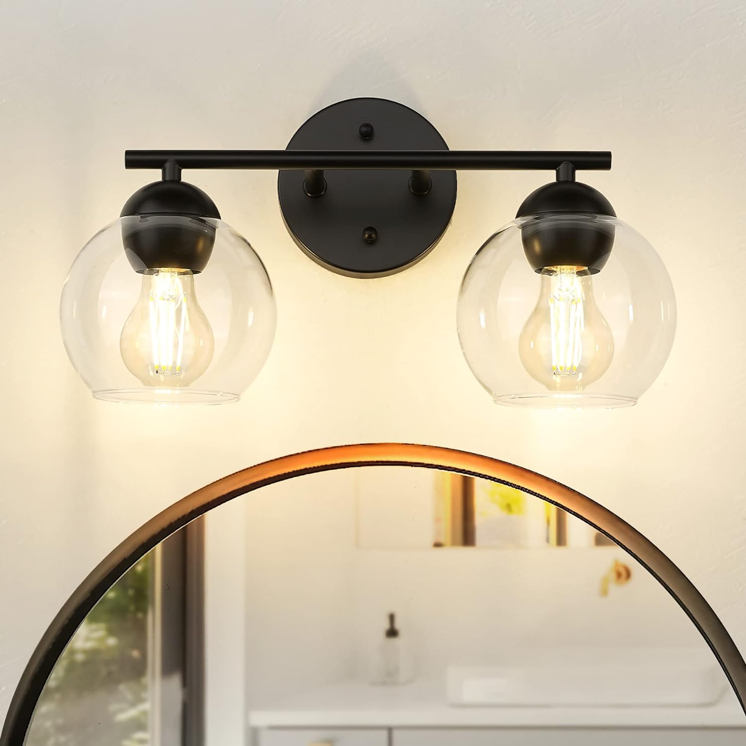 Black Vanity Lights for Mirror, Modern Farmhouse 2-Light Bathroom Light Fixtures Globe Bathroom Vanity Light with Milk Glass Shade, VL114-BK-ML-2