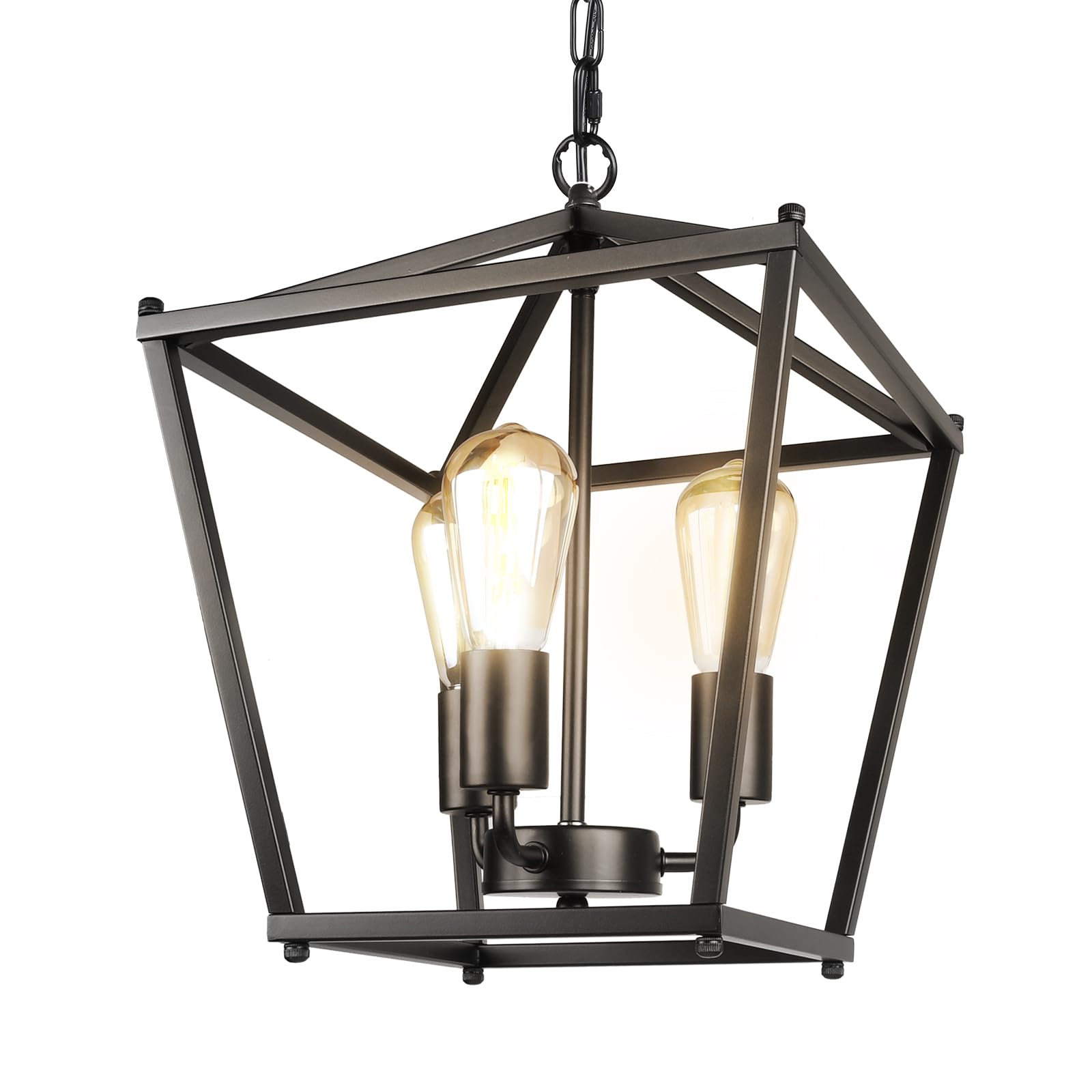 4-Light Black Farmhouse Chandelier, Iron Lantern Pendant Light Rustic Cage Adjustable Height, E26 Base Industrial Hanging Lights for Kitchen Island Dining Room Hallway Foyer Entryway