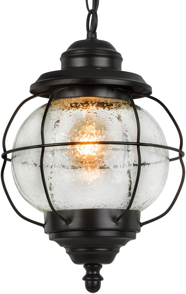 Outdoor Pendant Lights, Farmhouse Ceiling Hanging Porch Fixture in Black Metal with Clear Bubbled Glass Globe in Iron Cage Frame, Exterior Lantern for Gazebo, Entryway, Patio