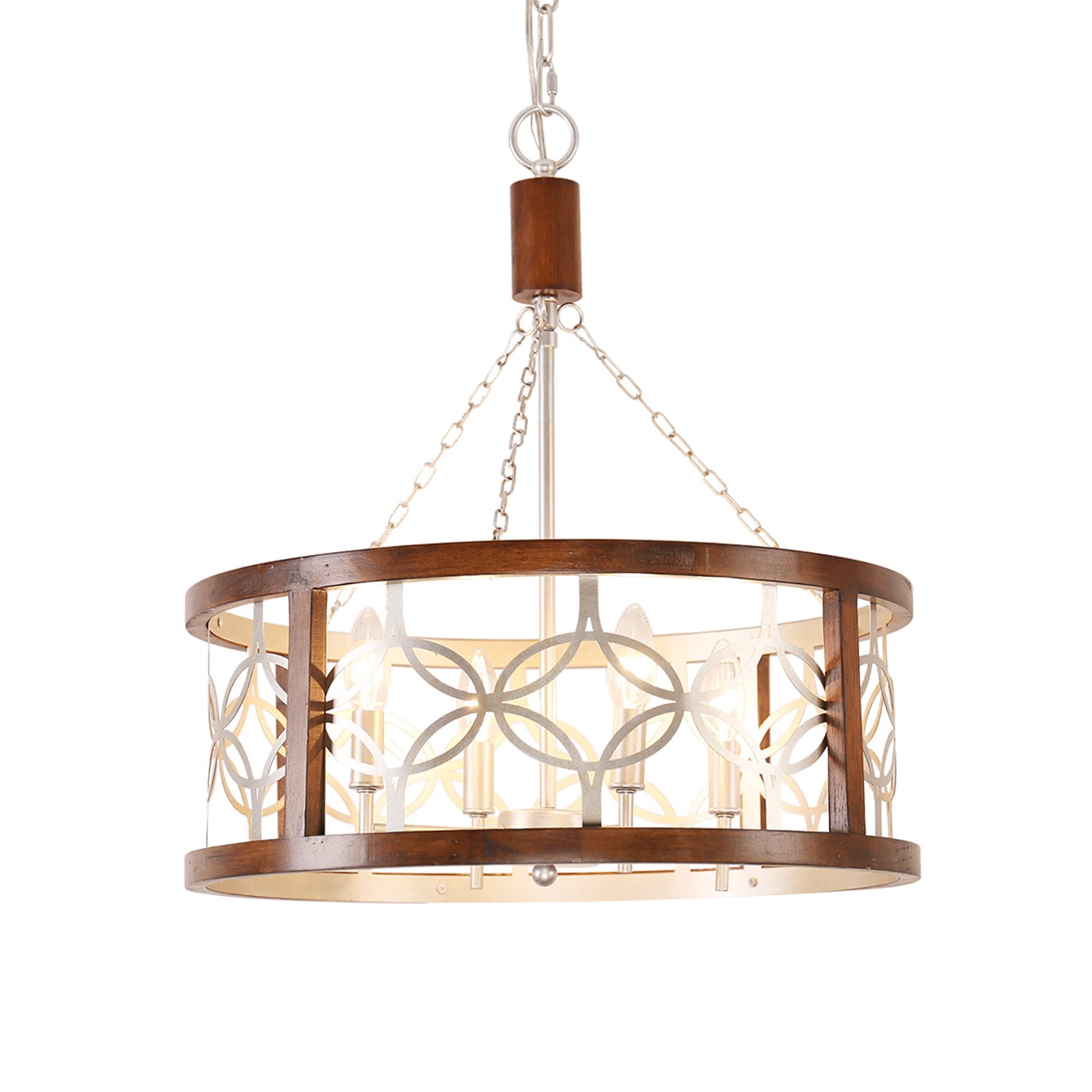 Rustic Farmhouse Chandelier, 4-Light Handmade Wood Pendant for Kitchen, Dining, Foyer, W19.7 x H21.6, Weathered Wood