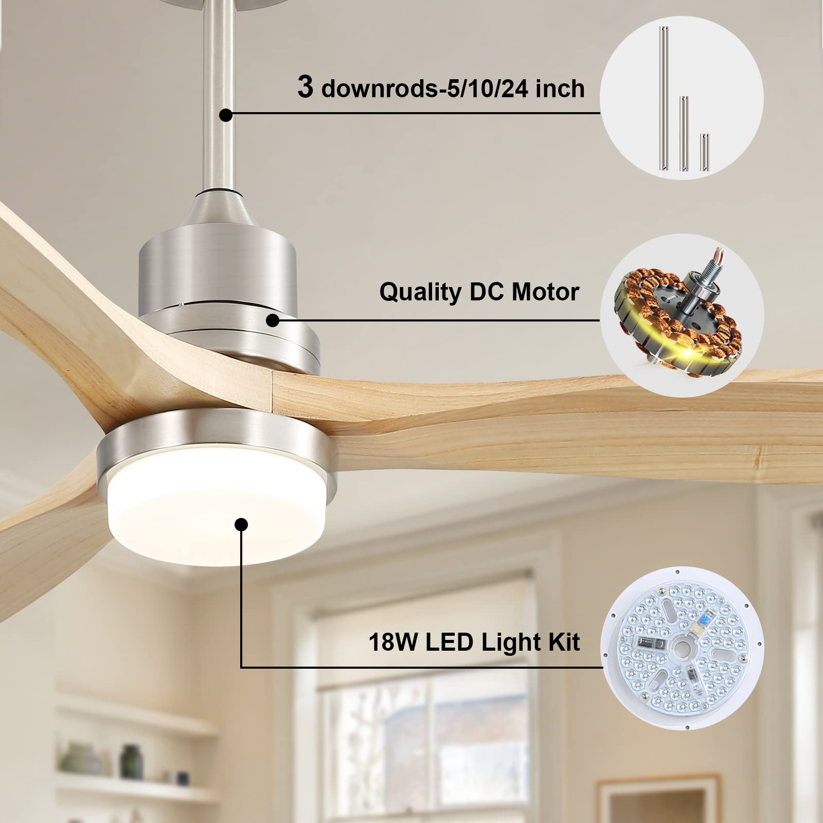 Low Profile Ceiling Fan With Lights Remote Control 52 Inch Flush Mount Ceiling Fan Modern Wood Blade Fan For Bedroom Living Room Indoor Outdoor Farmhouse Patio, Noiseless DC Motor