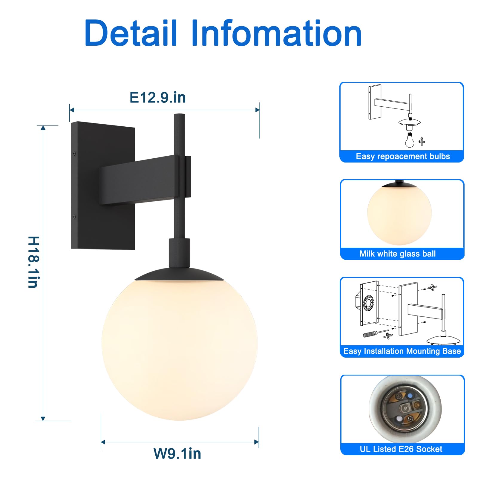 Hyunbae Outdoor Wall Light, 18" Large Size Wall Sconce, Exterior Light Fixtures Wall Mount, Globe Glass Waterproof Front Porch Lighting, Anti-Rust Outside Lighting with E26 Base for House Garage