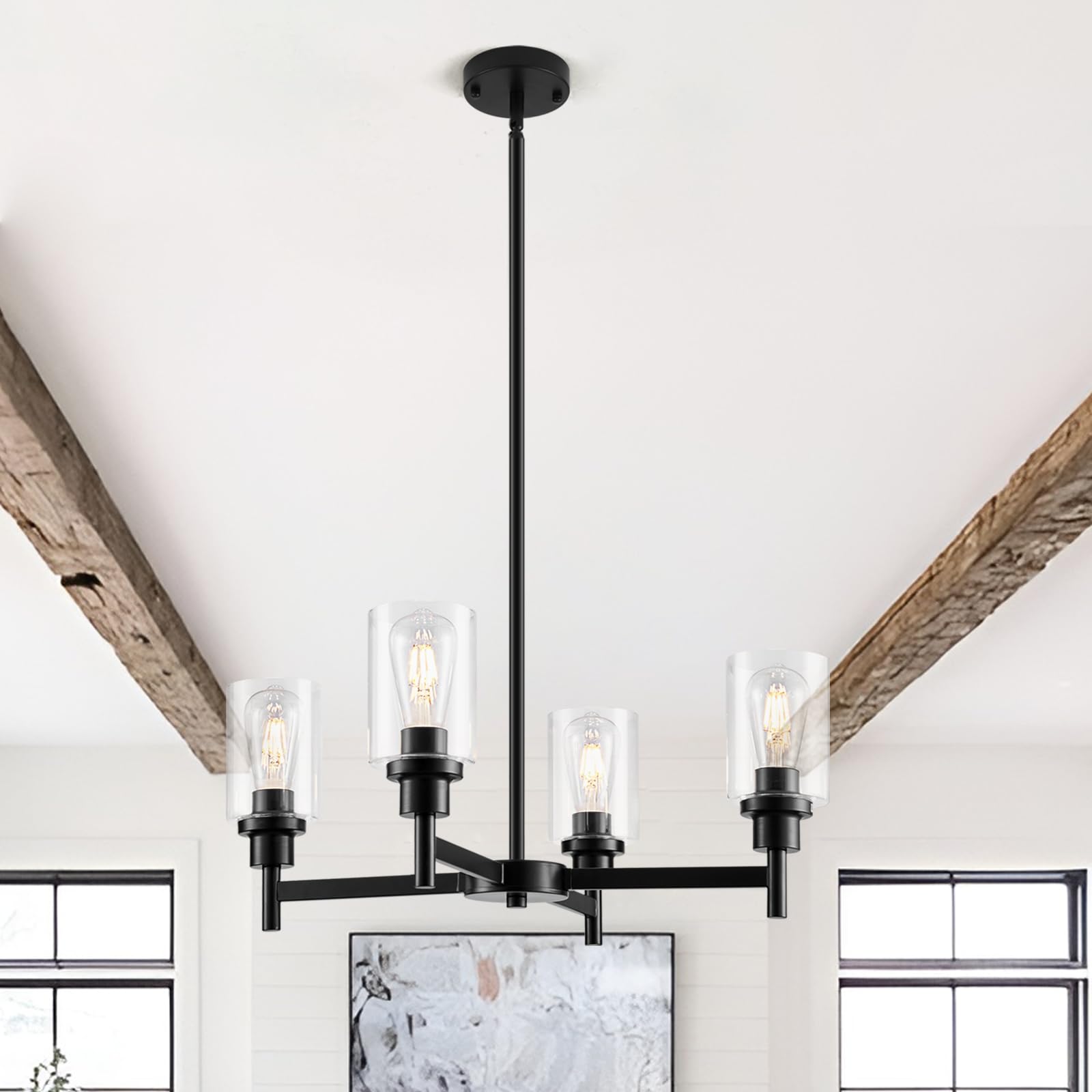 4 Lights Black Dining Room Light Fixture Chandelier, Farmhouse Contemporary Modern Pendant Ceiling Hanging Lighting with Glass Shade for Dinning Room Kitchen Island Foyer Hallway