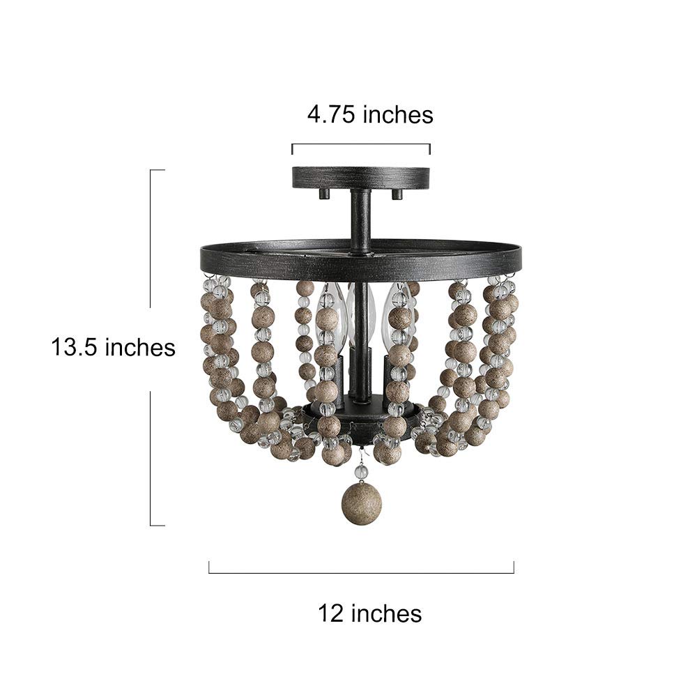 Ceiling Light Fixture, 3-Light Bohemian Lighting for Entryway, Foyer, Distressed Wood Bead Chandelier, Dark Silver Brushed, 12 D” x 13.6” H