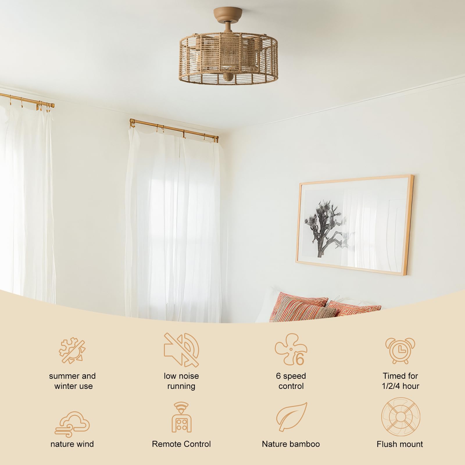 20 Inch Boho Ceiling Fan with Light, Coastal Caged Ceiling Fans with Lights and Remote Control, Wooden Beads with 6 Speeds for Dining Room, Living Room, Bedroom