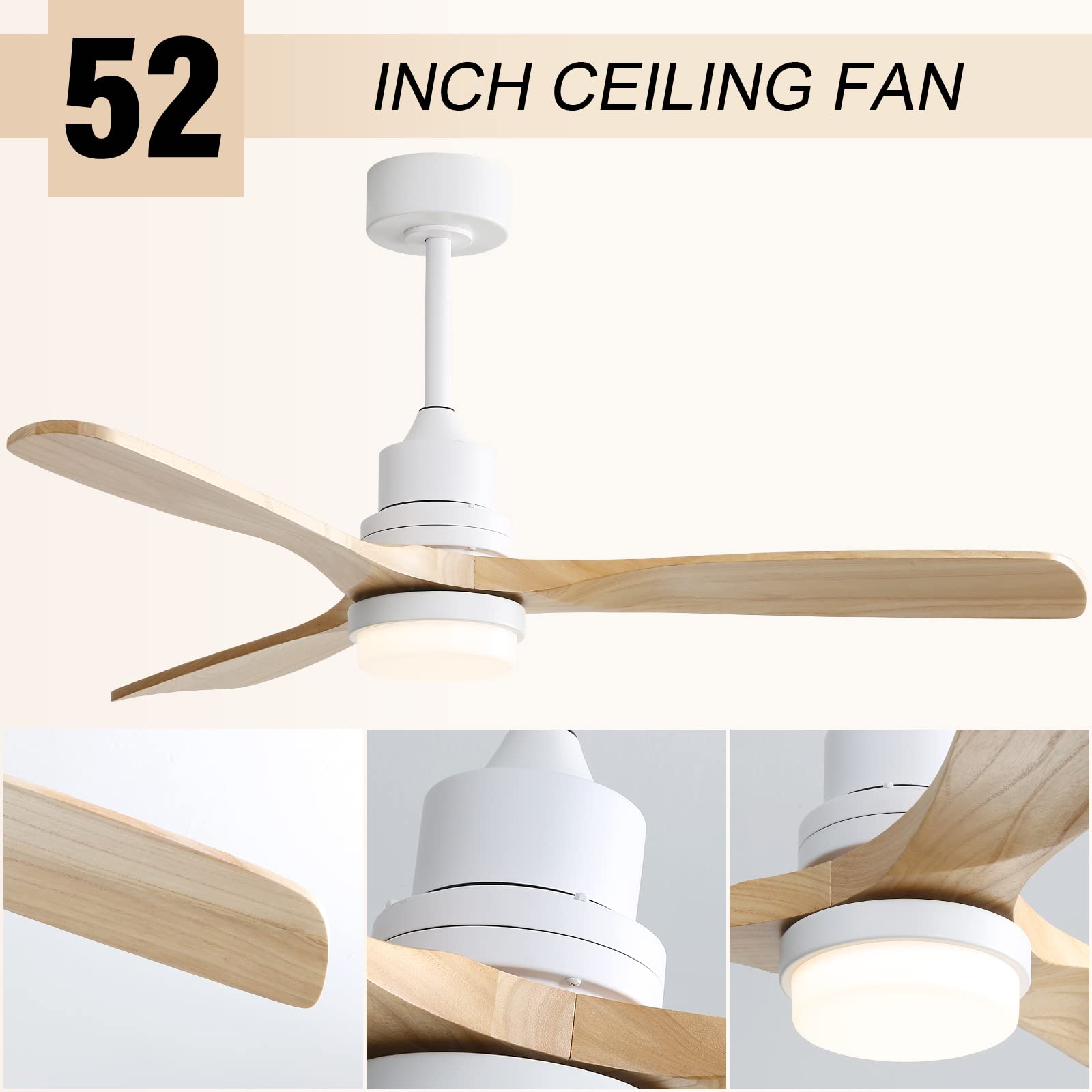 Low Profile Ceiling Fan With Lights Remote Control 52 Inch Flush Mount Ceiling Fan Modern Wood Blade Fan For Bedroom Living Room Indoor Outdoor Farmhouse Patio, Noiseless DC Motor