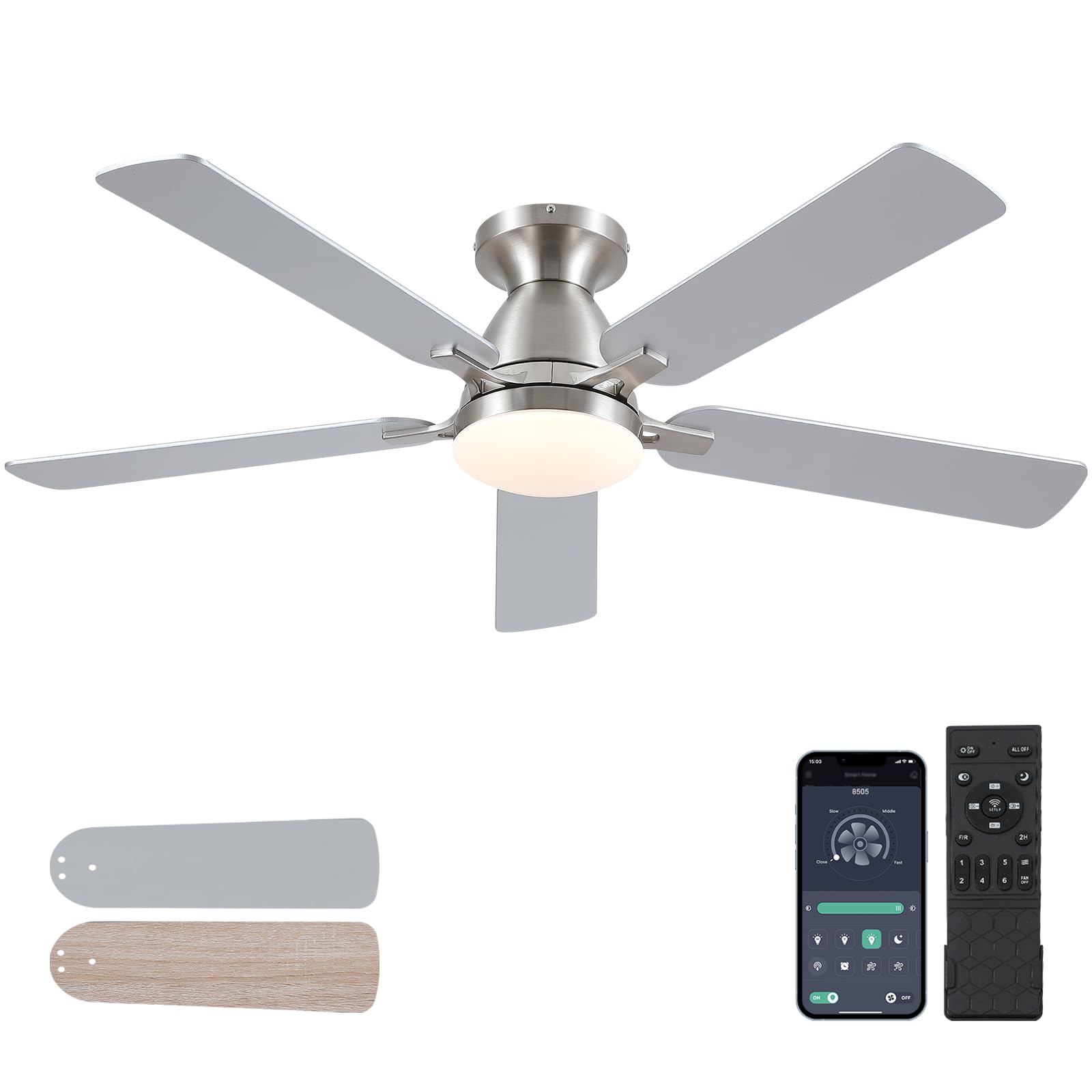 Ceiling Fans with Lights- 46"Low Profile Indoor Ceiling Fan with Light and Remote/APP Control, Flush Mount, LED Dimmable DC Reversible Modern Ceiling Fan for Bedroom（Black）