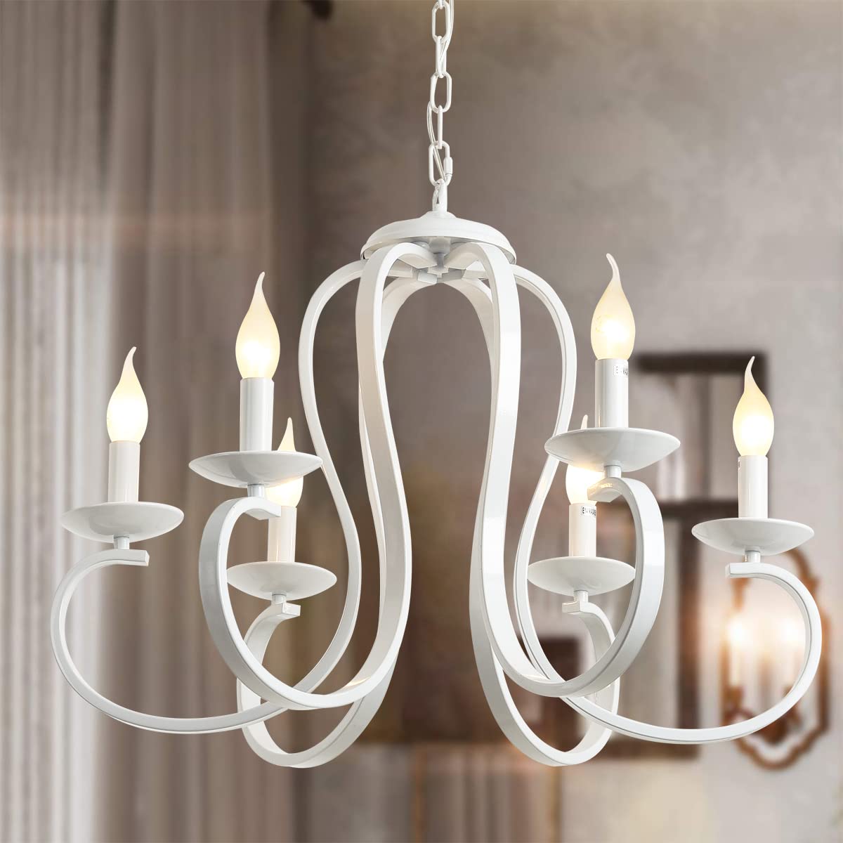 Chandelier,6-Light White Candle-Style Chandeliers,Vintage Metal Pendant Chandelier Ceiling Pendant Lighting Fixture for Dinner Table,Island Kitchen,Living Room