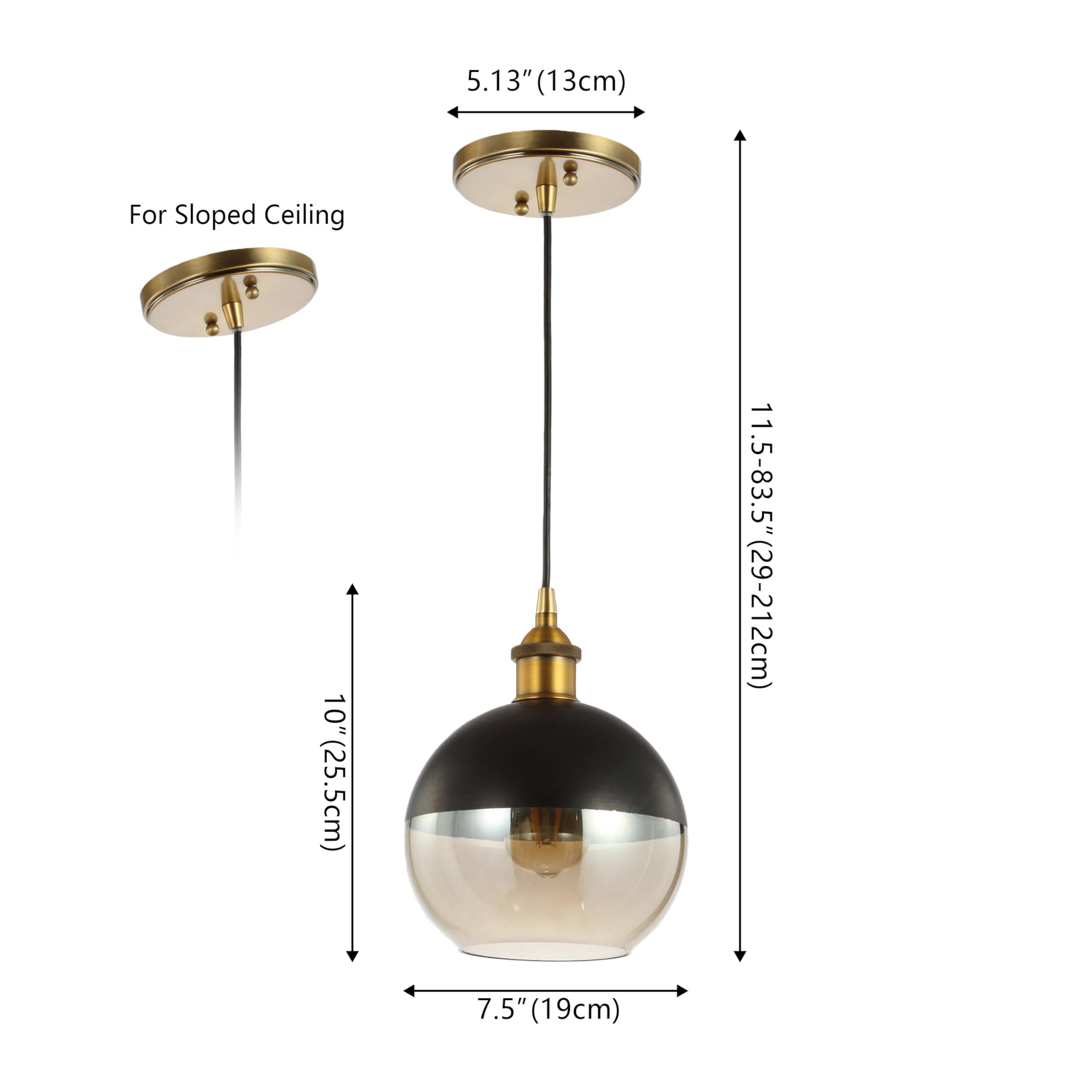 7.5" Adjustable Drop Globe Metal/Glass LED Pendant Contemporary Transitional Dimmable Dining Room Living Room Kitchen Foyer Bedroom Hallway, Brass Gold/Black