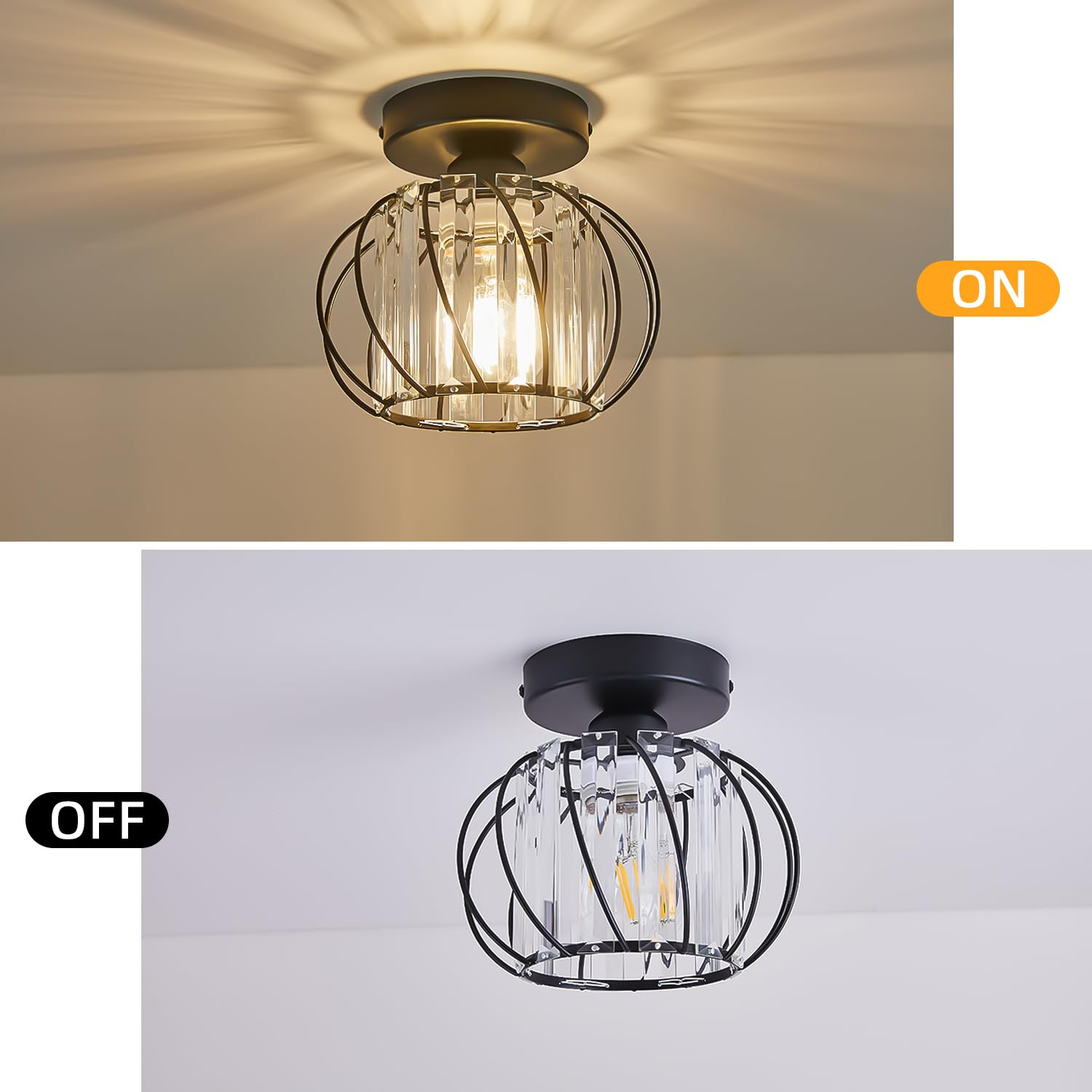 Semi Flush Mount Ceiling Light, 7.5 inch Black Metal Cage Hallway Ceiling Lamps, Farmhouse Ceiling Light Fixture, Industrial Crystal Chandelier for Corridor Bathroom Kitchen (Black 1 Pack)