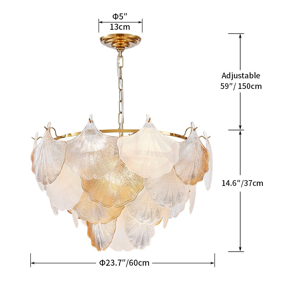 Saint Mossi 21032 Drum Chandelier Light Fixture, Doule Layer Middle Century Modern Design, with 5-Light, D18 x H10, Adjustable 59" Chains, Ripple Glass Shade & Gold Finish Metal Frame