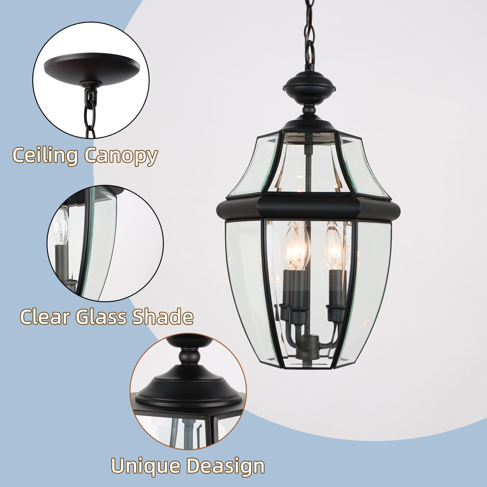 Large Outdoor Pendant Light Fixture 3-Light, 20in Modern Black Outdoor Chandelier Hanging Porch Light, Metal Exterior Ceiling Mount Hanging Lantern with Clear Glass for Front Door, Entrance, Gazebo