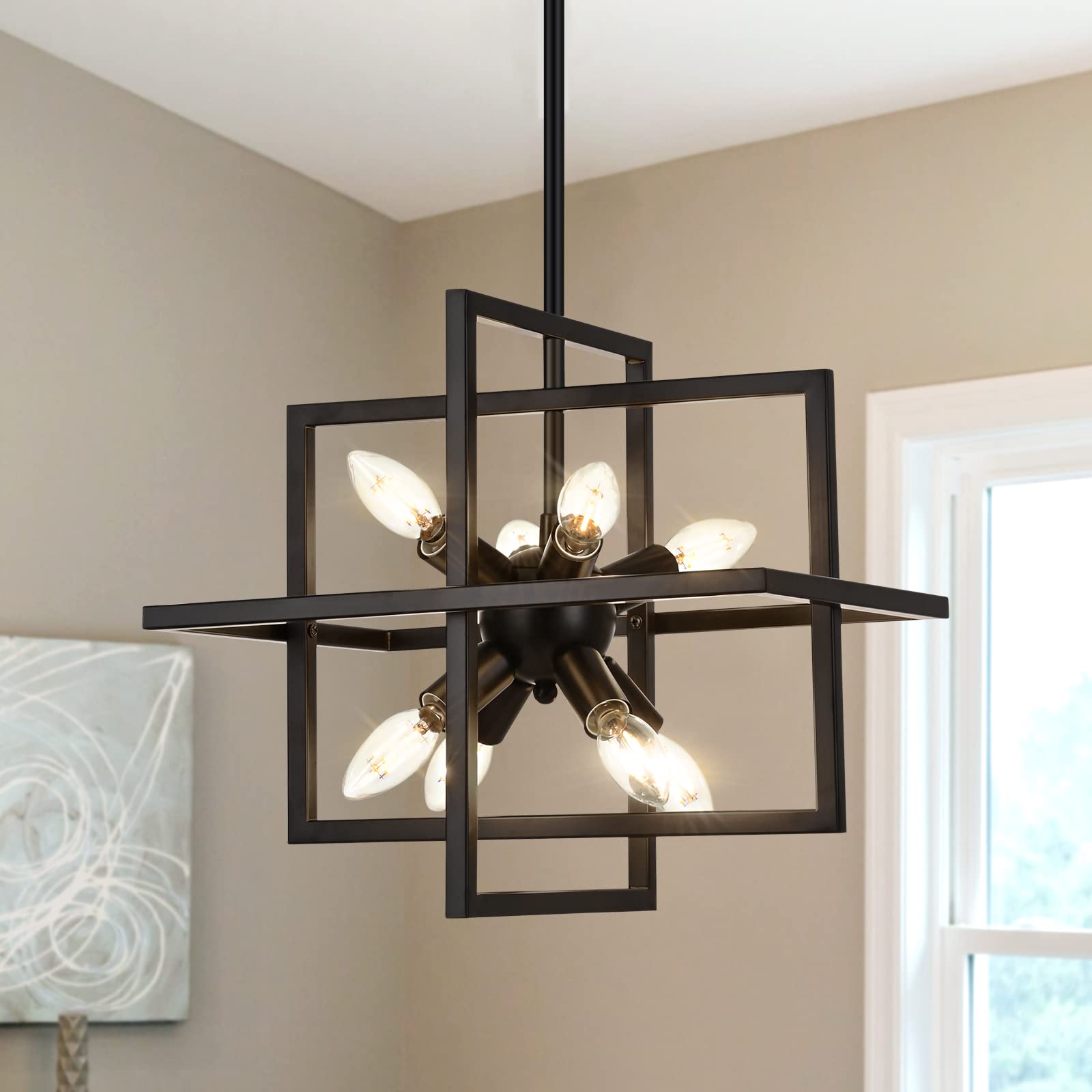 Small Modern Lantern Chandeliers, Geometric Black Pendant Lighting, 8-Light Industrial Hanging Chandelier Light Fixture for Dining Room, Kitchen, Bedroom, Foyer, Entryway, Farmhouse UL Listed