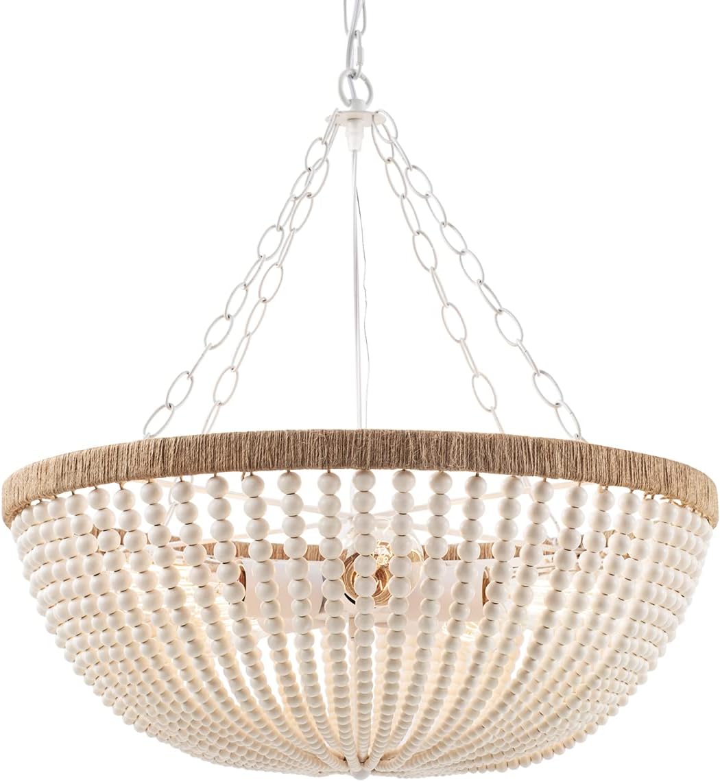 5 Lights Bohemia Wood Beaded Chandelier Farmhouse Antique Rustic Pendant Light for Bedroom Kitchen Island Dining Living Room, White, Dia 22 Inch