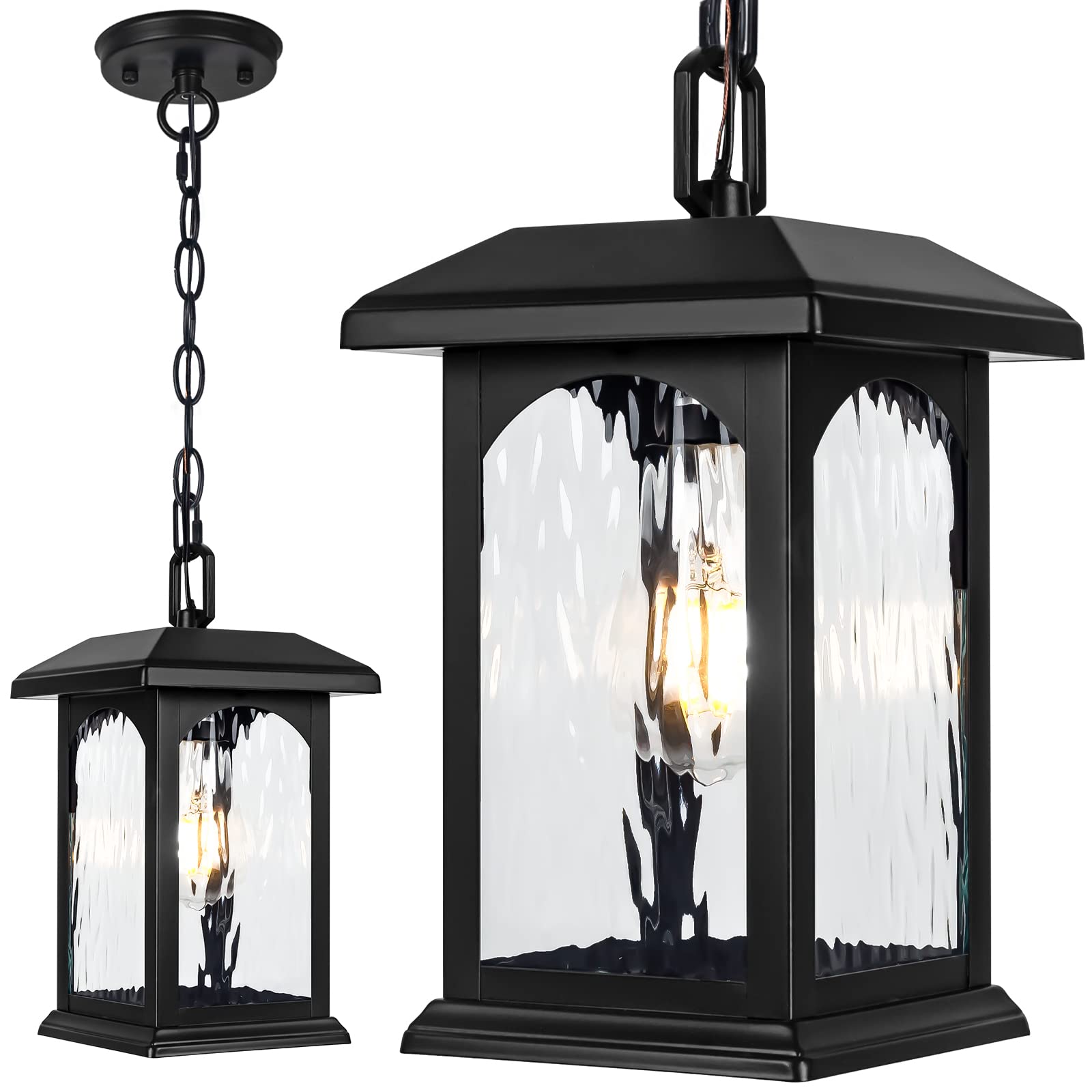 Outdoor Pendant Light Fixture, Adjustable Exterior Chandelier, Black Hanging Light, Porch Light with Temperate Rippled Glass, Modern Outside Hanging Lantern for Front Door, Gazebo, Patio, Anti-Rust