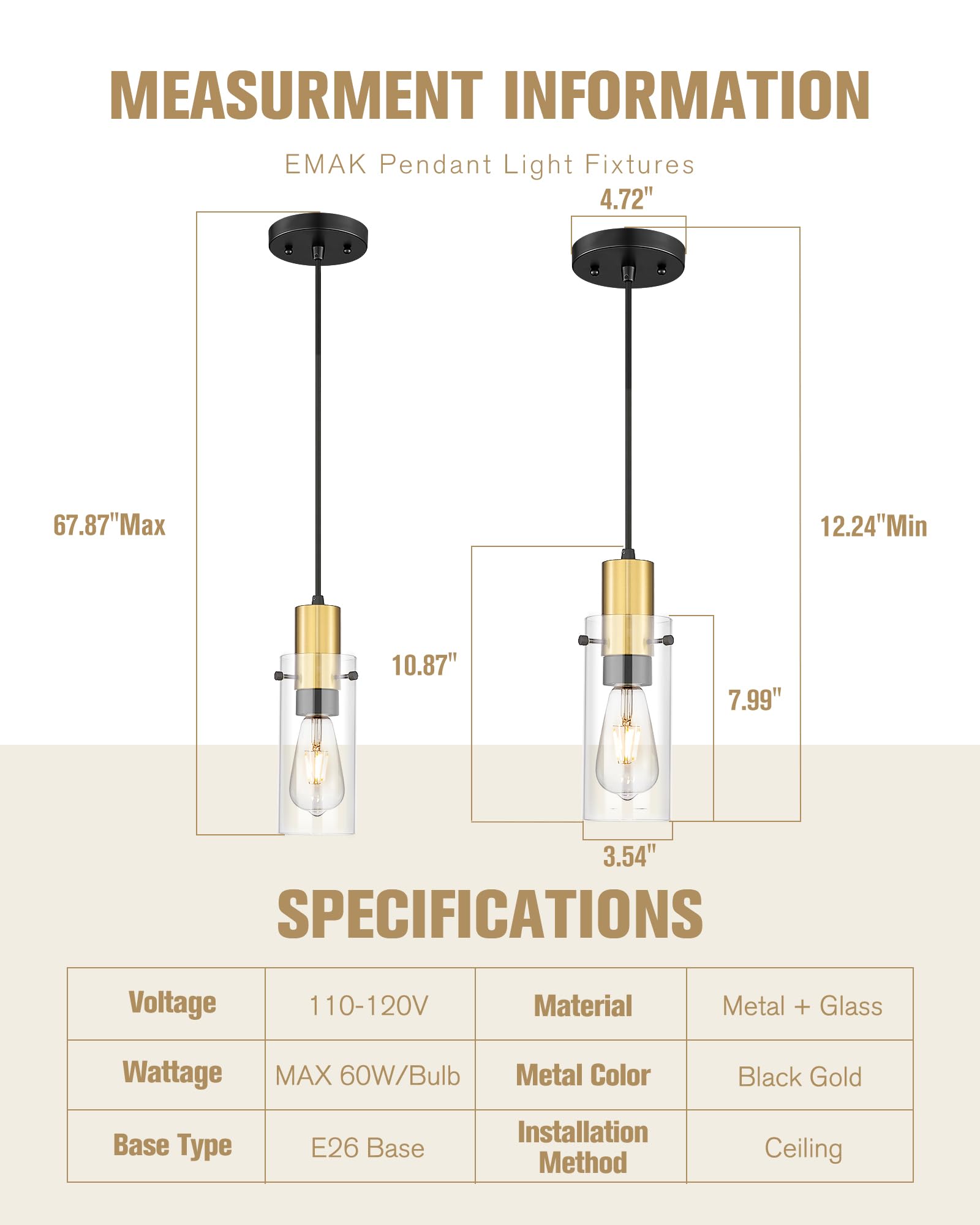 Emak Gold Pendant Light Fixtures, 3-Light Pendant Lights with Clear Glass Shade, Modern Farmhouse Hanging Lights for Kitchen Island, Dining Room, Bathroom, Bedroom, PL120-GD-CL