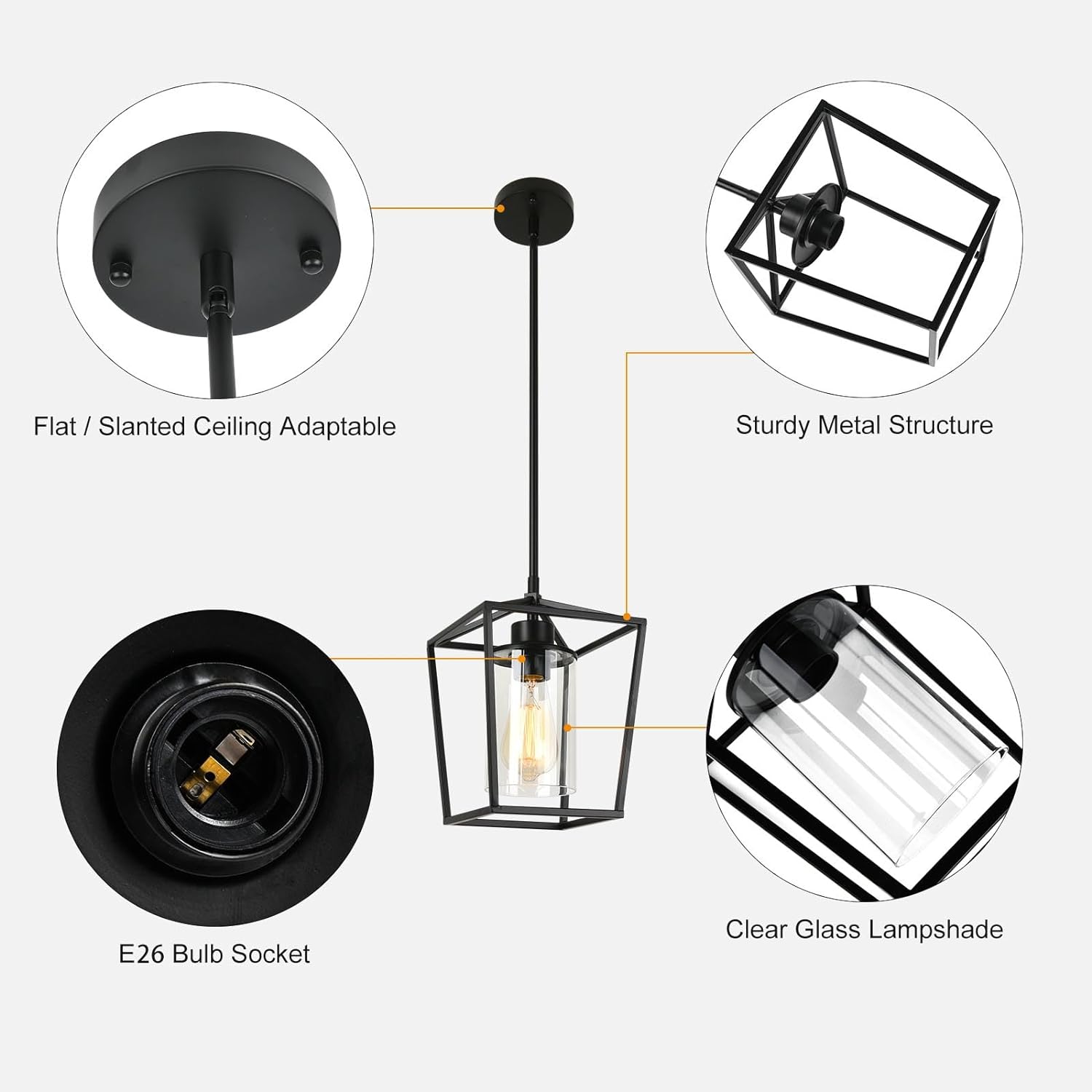 1-Light Black Pendant Light Fixture Farmhouse Iron Cage Metal Pendant Light Lantern Hanging Light Fixtures with Clear Glass Shade for Kitchen Island, Entryway, Dining Room, Hallway