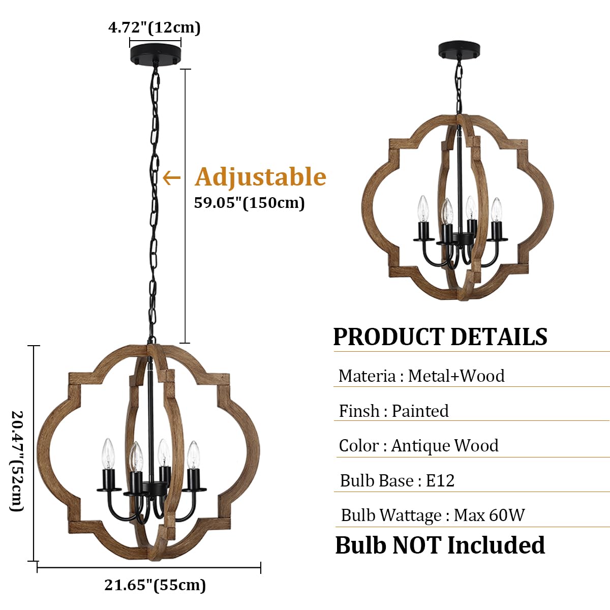 Farmhouse Orb Chandelier, Rustic Wood Chandelier for Dining Room, 4-Light Pendant Light for Kitchen Island Hallway Foyer Entryway Bedroom, Adjustable Height