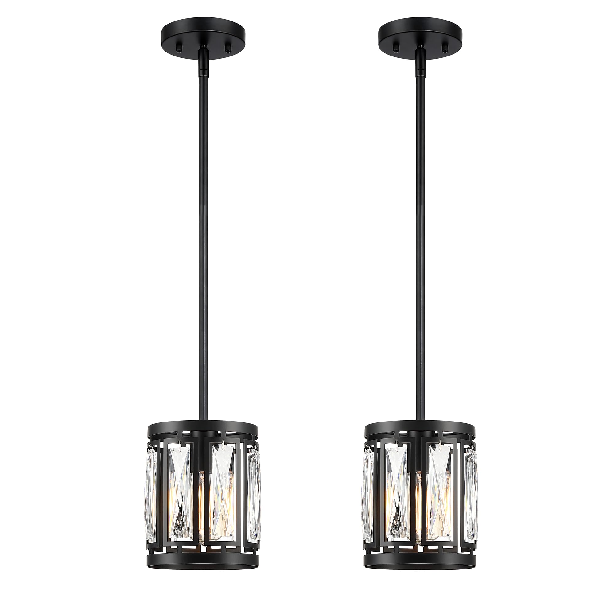 Crystal Pendant Lighting Fixture Matte Black Drum Shade Chandelier,2-Pack Pendant Lights for Kitchen Island Modern Ceiling Lights for Living Room