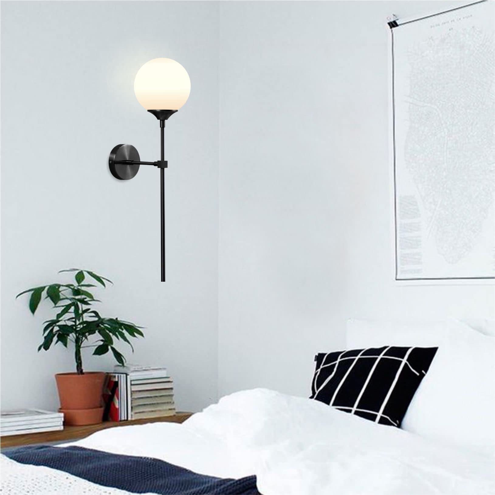 Lighting Modern Smoke Grey Glass Globe Black Matte Slim Wall Sconce Light with Long Arm Vintage Industrial Wall Sconce for Hallway, Stairs, Bathroom Mirror