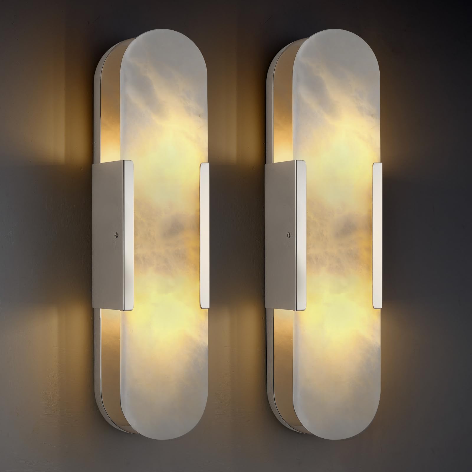 13.8 in Brass Alabaster Wall Sconces, Natural Marble Wall Sconces Set of Two Indoor Alabaster Sconces for Living Room Modern Alabaster Sconces Wall Lighting for Dining Room Stairs Bedroom