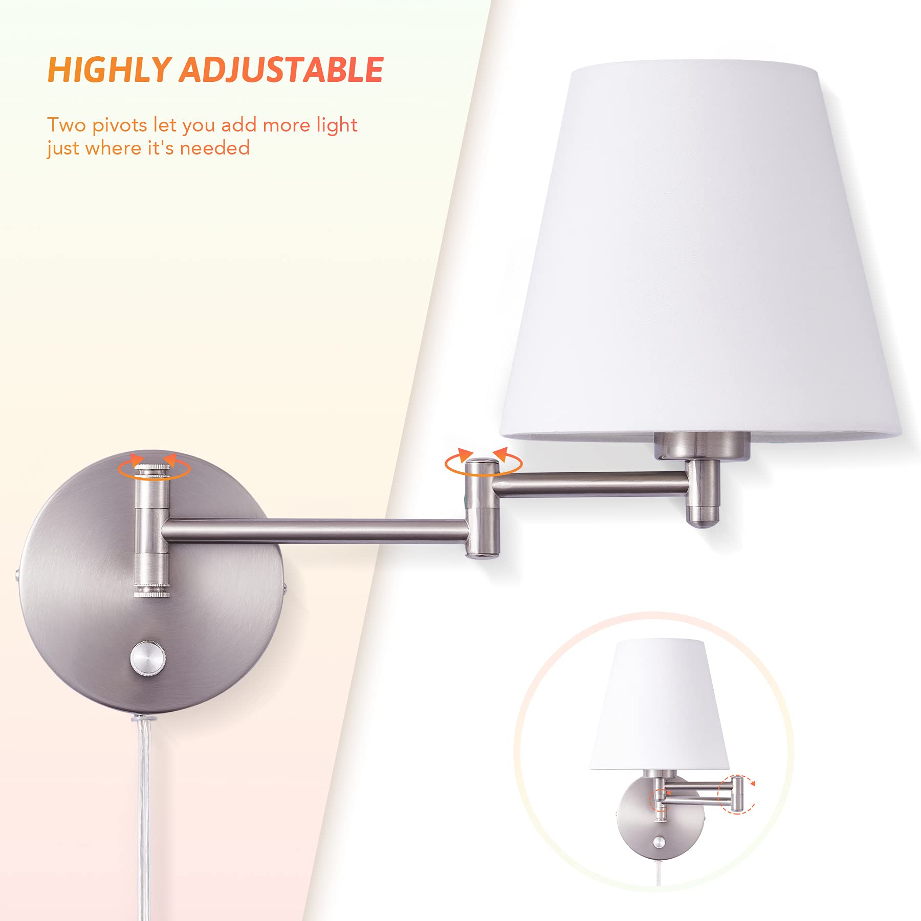 Modern Adjustable Swing Arm Wall Lamp Brushed Nickel, Plug-in Wall Sconce Lighting for Bedroom Bedside, Living Room, Kitchen, Hallway, Wall Mounted Light Fixtures with White Fabric Shade