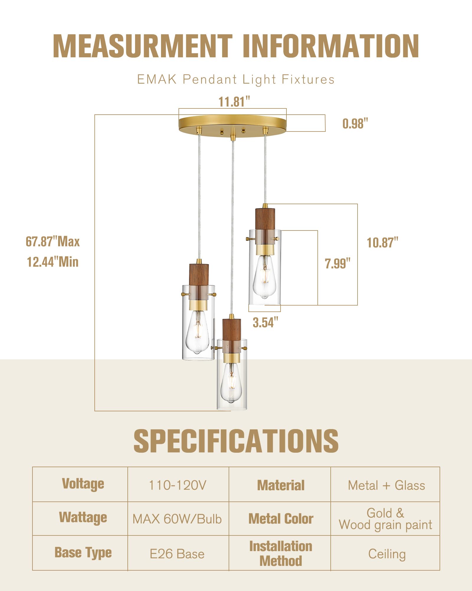 Emak Gold Pendant Light Fixtures, 3-Light Pendant Lights with Clear Glass Shade, Modern Farmhouse Hanging Lights for Kitchen Island, Dining Room, Bathroom, Bedroom, PL120-GD-CL