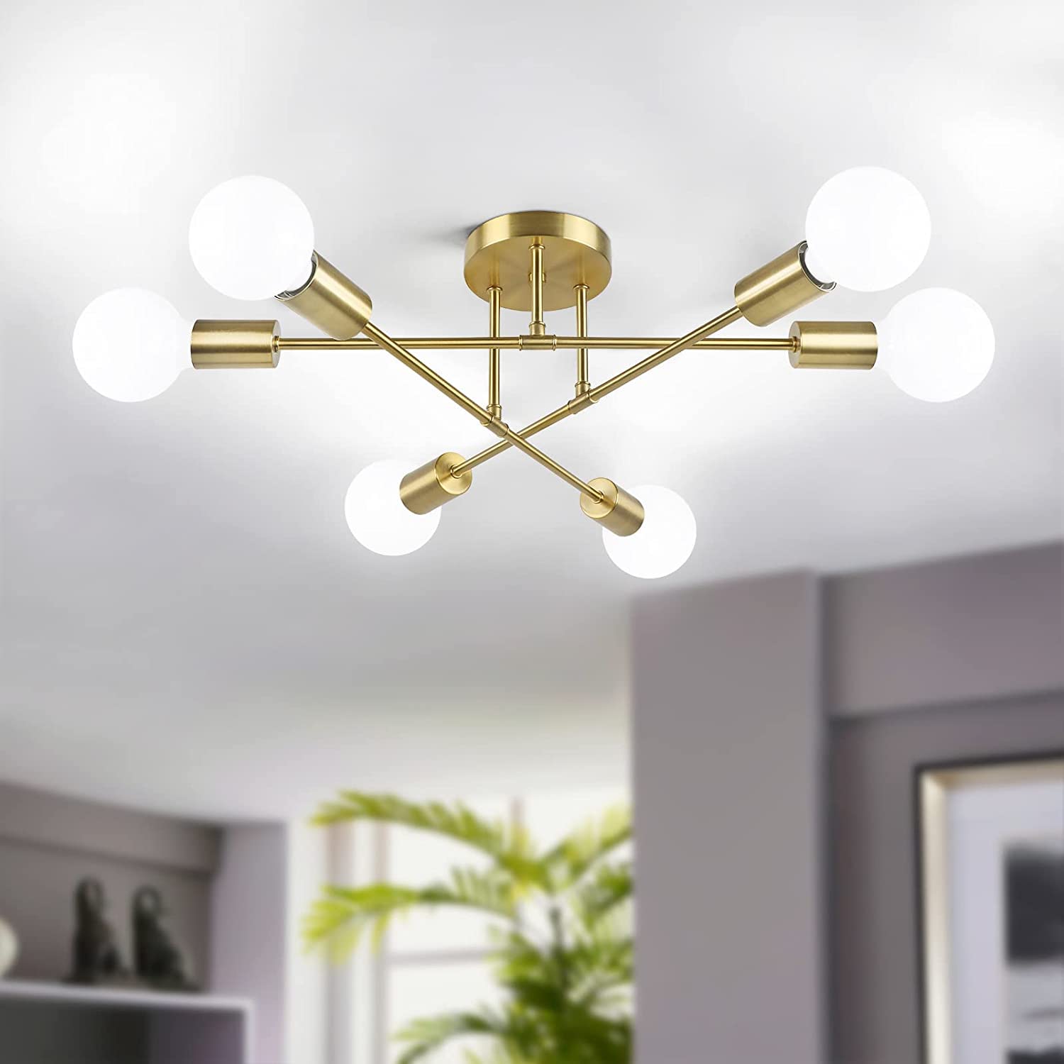 Modern Sputnik Chandelier, 6-Light Ceiling Light Fixture, Bedroom Light Fixture, Sputnik Lights Fixture for Living Room, Dining Room, Kitchen, Office, Foyer, Hallway (Brushed Nickel) - E26 Base