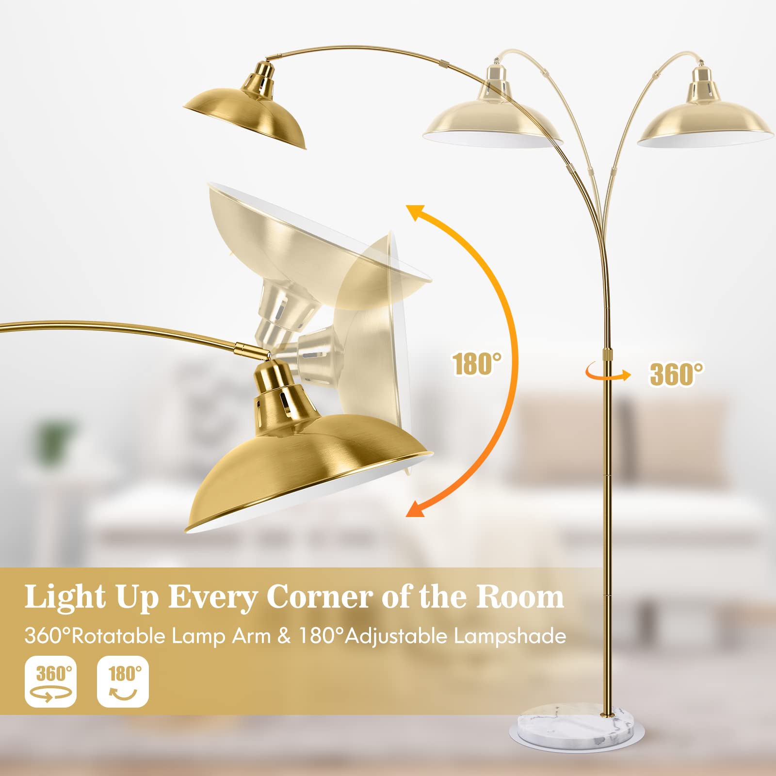 Arc Floor Lamp for Living Room, Marble Base Standing Lamp - Black Gold Floor Lamps with 360° Rotatable Arm, Industrial Tall Lamp Metal Material, Reading Lamp for Bedroom Couch Sofa Desk