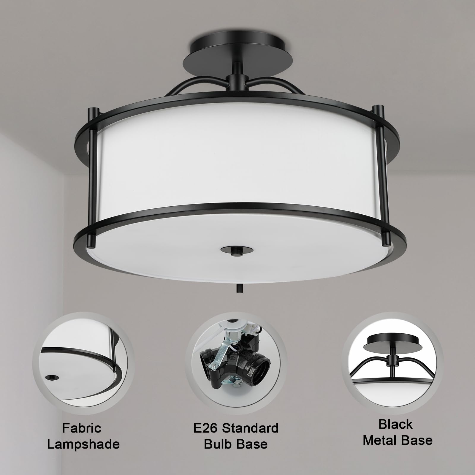 4 Light Semi Flush Mount Ceiling Light 15.7 Inches Light Fixture with Metal Frame Fabric Shade Modern Ceiling Light for Living Room Bedroom Kitchen Dining Room Entryway Hallway