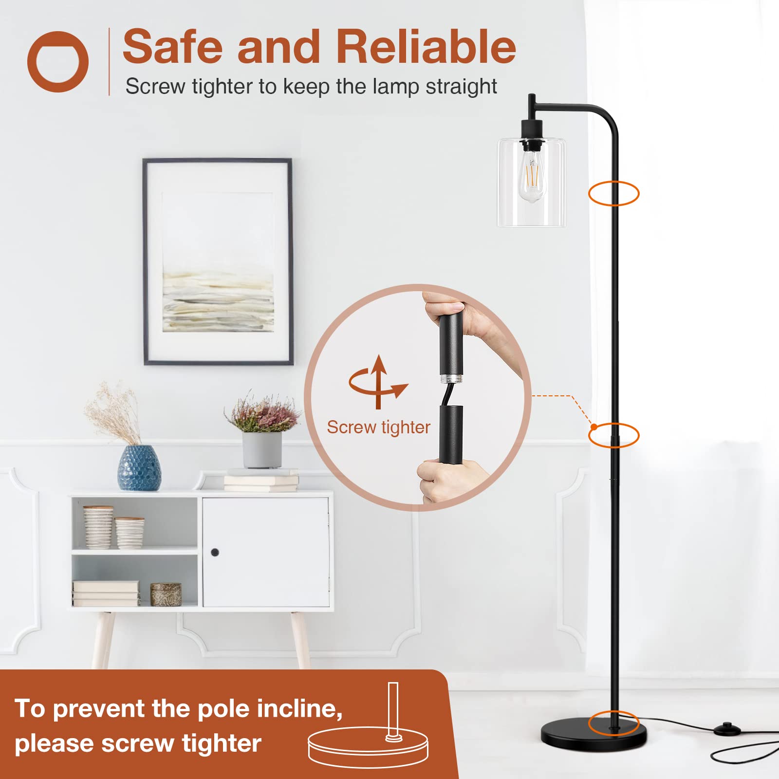 Floor Lamps for Living Room Bright Lighting with Glass lampshade, Modern Bright Floor Lamp with LED Bulbs Industrial Standing lamp for beroom, Tall Pole Lamps Office - Black