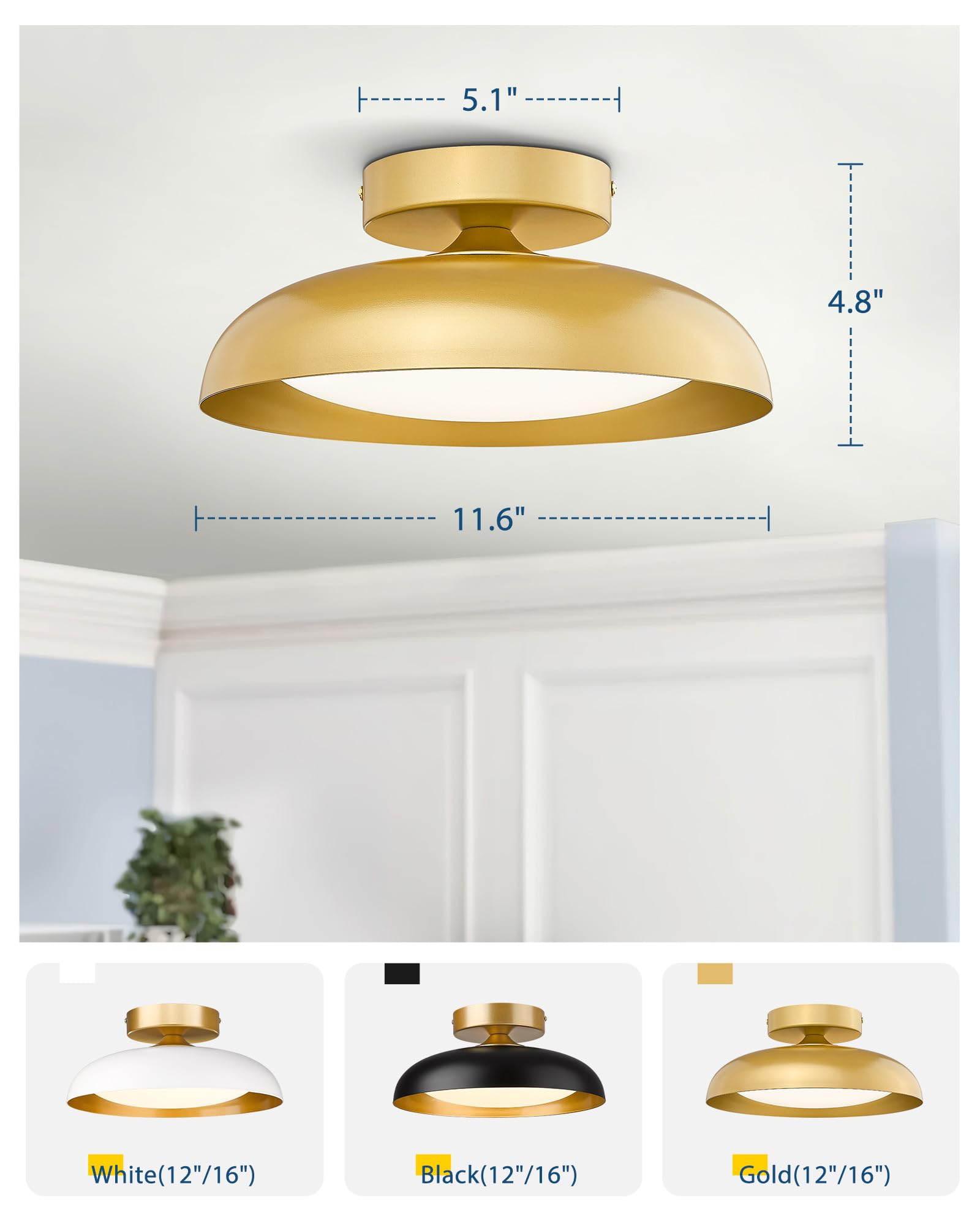 Gold Ceiling Light, 12 Inch LED Semi Flush Mount Ceiling Light Fixture, 12W/700Lm Ceiling Lights for Kitchen, Bathroom, Hallway, 3000K/4000K/6000K Adjustable, KDCL01-GD