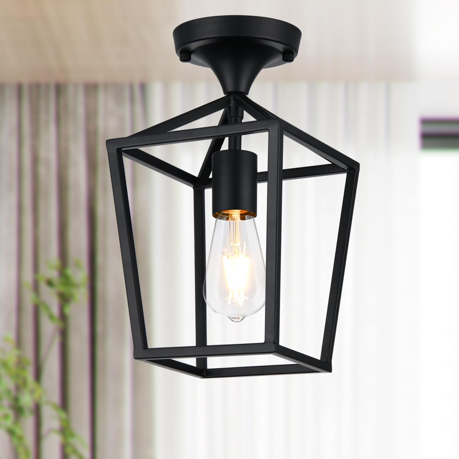 Semi Flush Mount Ceiling Light, Black Industrial Ceiling Light Fixtures, Farmhouse Light Fixture for Entryway Porch Hallway Stairway Garage Living Room Dining Room Balcony