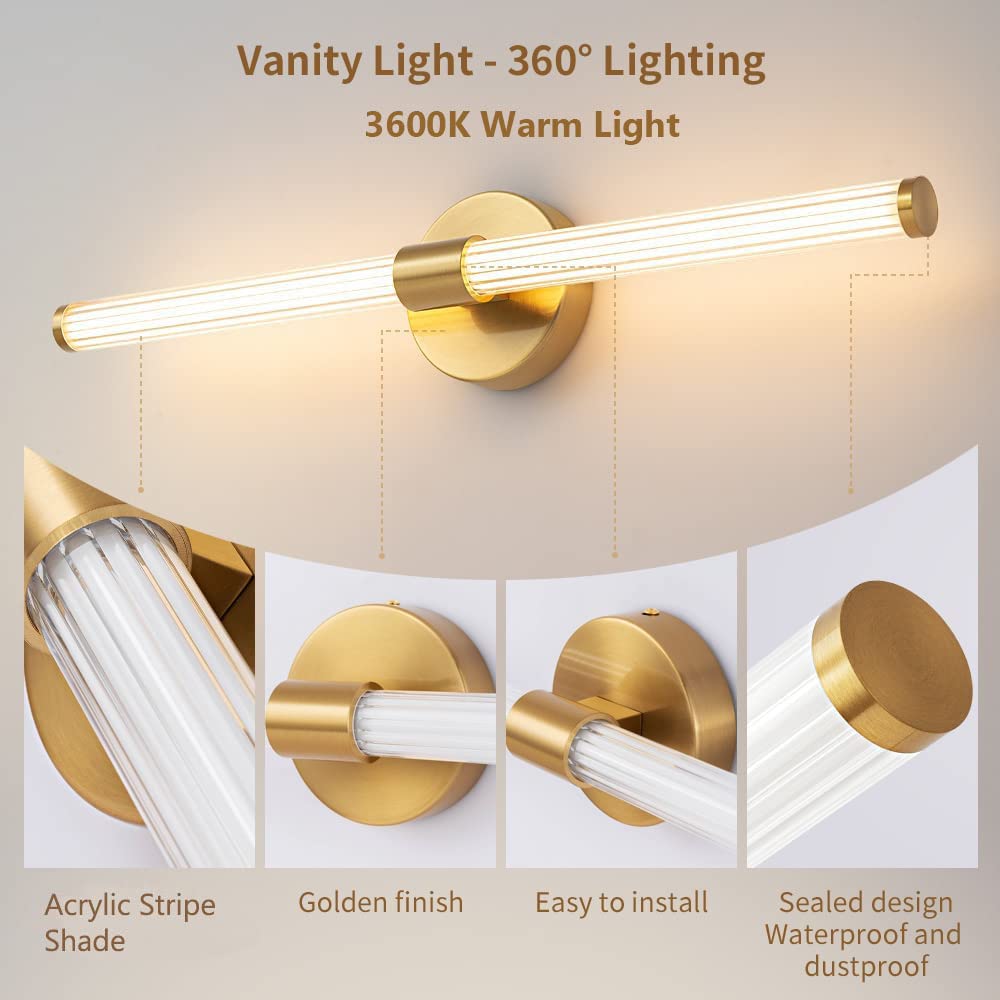 LED Bathroom Light Fixtures Gold Bathroom Vanity Lights Over Mirror 360° Full Lighting Dimmable LED 22 inch Vanity Light Bar Modern Wall Sconce Warm Light for Bedroom Living Room