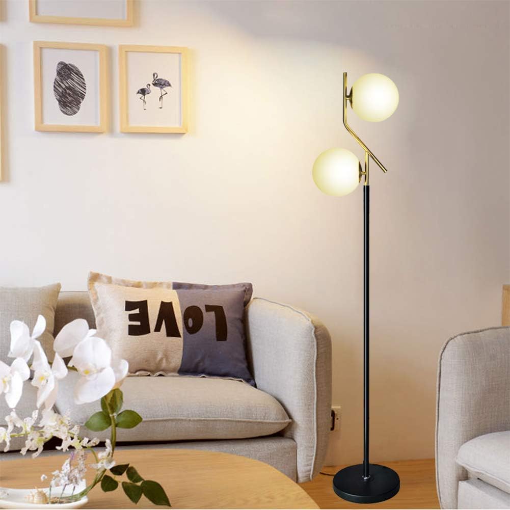 Lighting KU300208 Modern Style Two Milky White Glass Orbs and Brass Finish Floor Lamp for Living Room,Bedroom,Office,Hotel,Light Pole and Base Black Finish