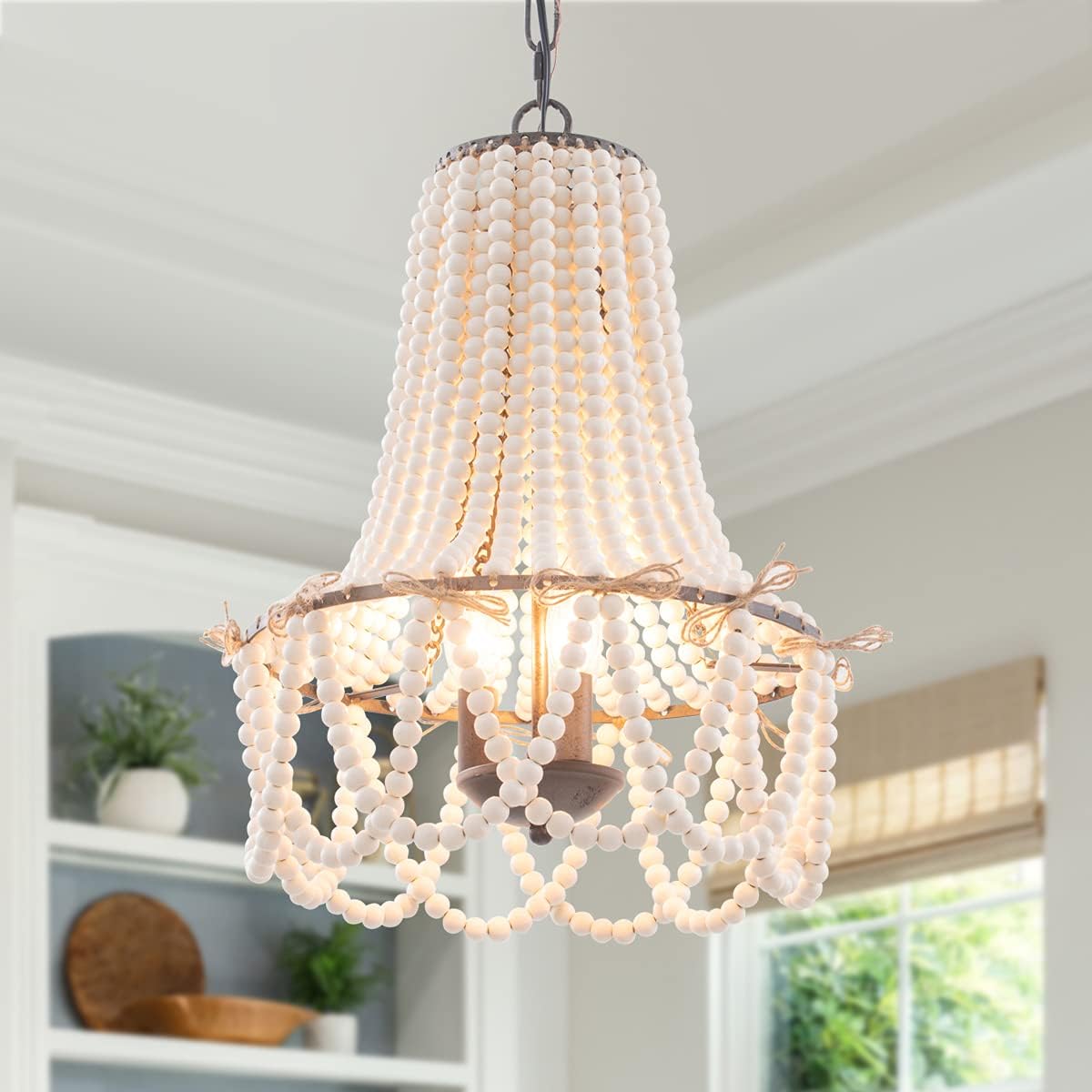 3-Light Bohemia Wood Beaded Chandelier Antique Rustic Pendant Light White Finishing for Bedroom, Kitchen Island, Girl Room, Dining Room