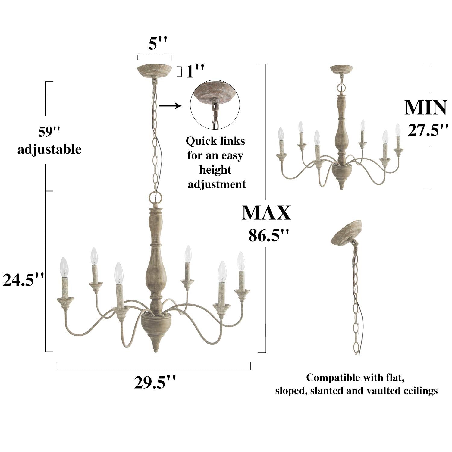 Chandeliers Wood 6 Lights Rust Arms for Dining, Bedroom, Living Room and Bathroom, Brown Lamp Body Size:D29.5 xH24.5