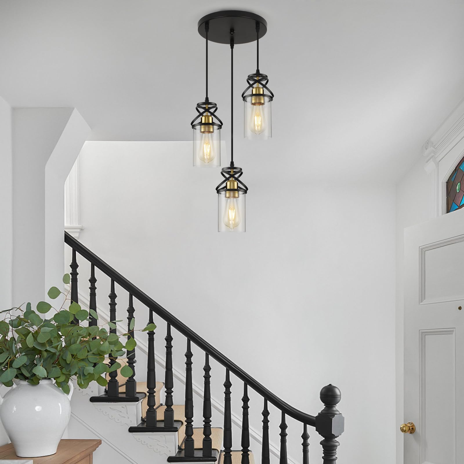 Modern Pendant Light Fixture Farmhouse Hanging Light with Clear Glass Shade, Industrial Black and Gold Pendant Lighting for Kitchen Island Dining Room Bedroom