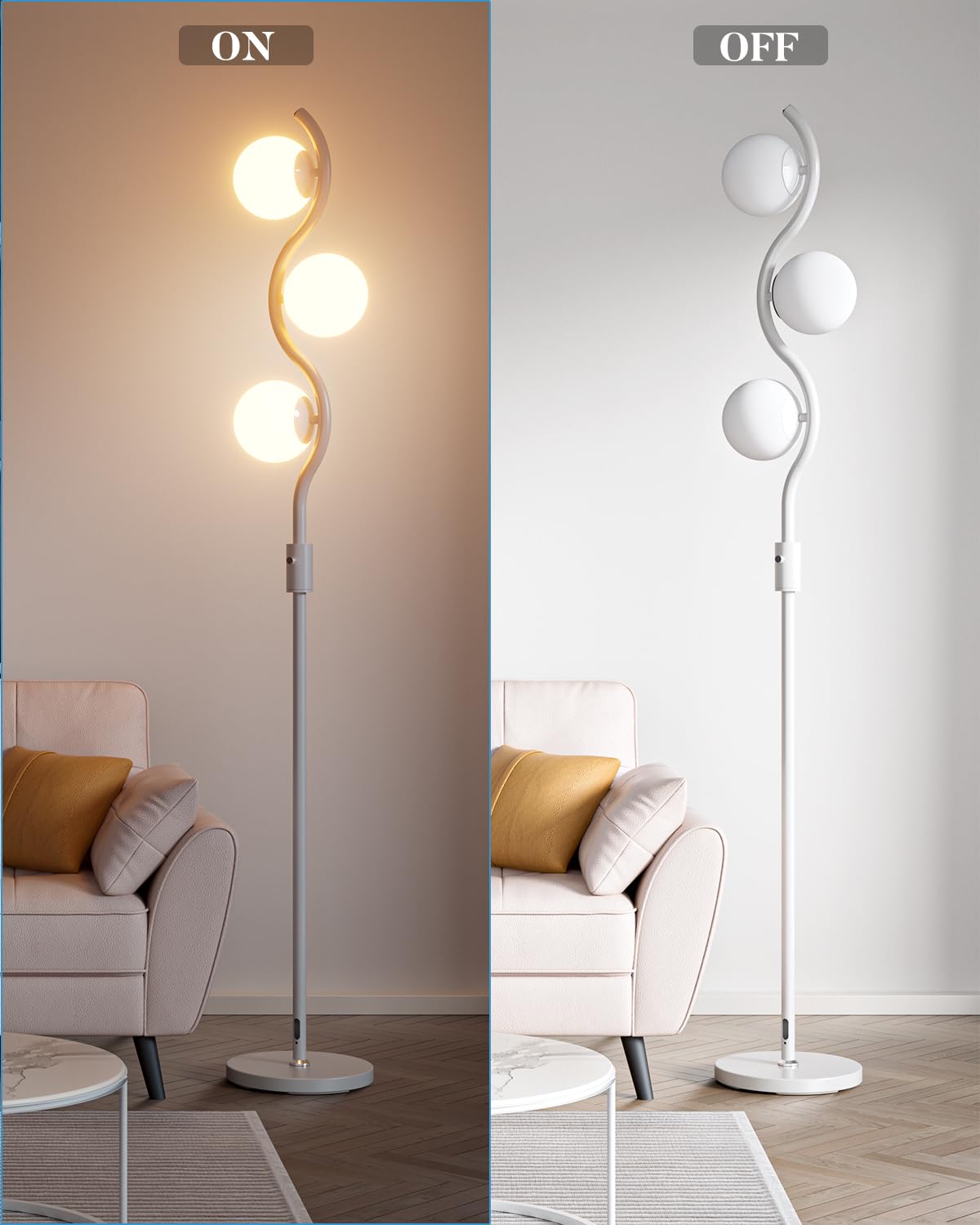 Dimmable Globe Floor Lamp, Gold Standing Lamps with 4PCS 3000K G9 Bulbs Soft Warm White Eye Care, Mid Century Modern Floor Lamp for Living Room