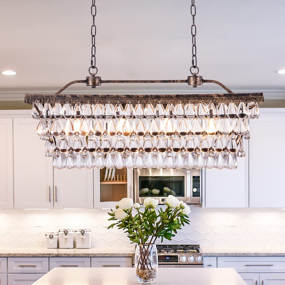 Dining Room Crystal Chandelier,30 inch Antique Bronze Rectangle Crystal Ceiling Light,4 Lights Farmhouse Kitchen Island Lighting,Adjustable Hanging Light Fixtures