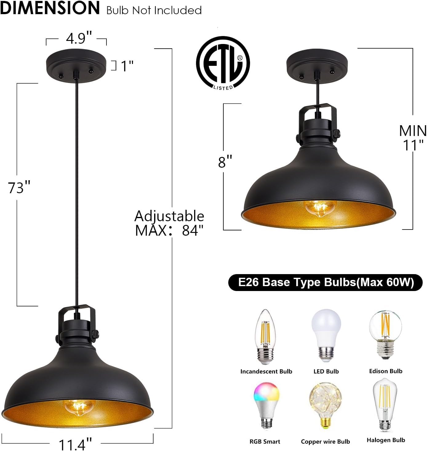 Black Farmhouse Pendant Lights Matte Pendant Lighting for Kitchen Island Industrial Adjustable Height Vintage Dome Hanging Light Fixtures for Barn, Dining Room 3 Packs