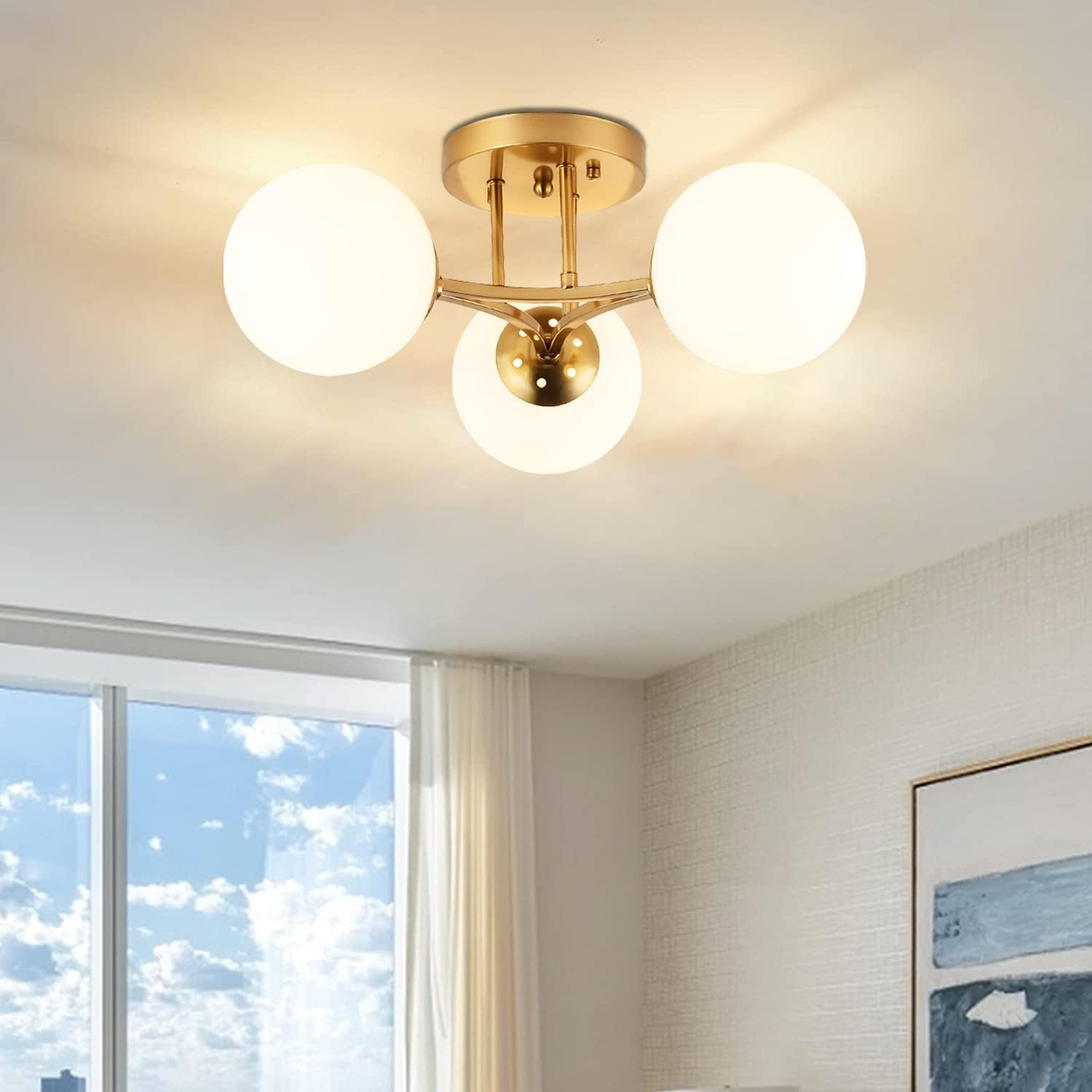 Mid Century Modern Ceiling Light Clear Globe Semi Flush Mount Ceiling Light Gold Sputnik Light Fixture Chandeliers Clear Glass Brushed Brass Chandeliers Living Room Dining Room Bedroom 3 Lights