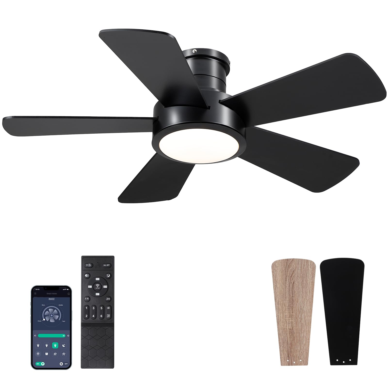 40 inch Modern Ceiling Fans with Lights Remote/APP Control, Low Profile Reversible Ceiling Fans Flush Mount 6 Speeds Ceiling fan Light for Patio Kitchen Bedroom, Black