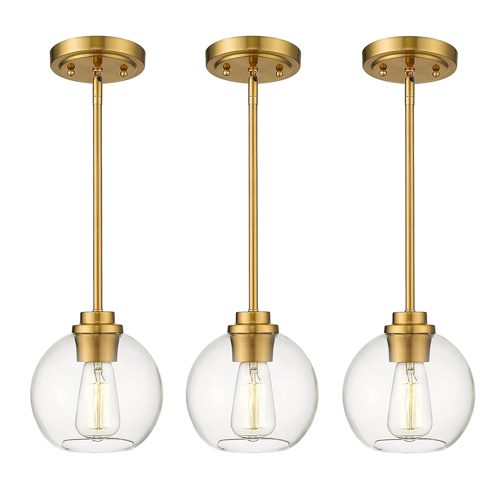 Gold Pendant Light Fixtures,7 Inch Globe Pendant Lights Kitchen Island with Clear Glass, 1 Light Hanging Lights for Kitchen Island, Dining Room, Bedroom, Hallway, Farmhouse