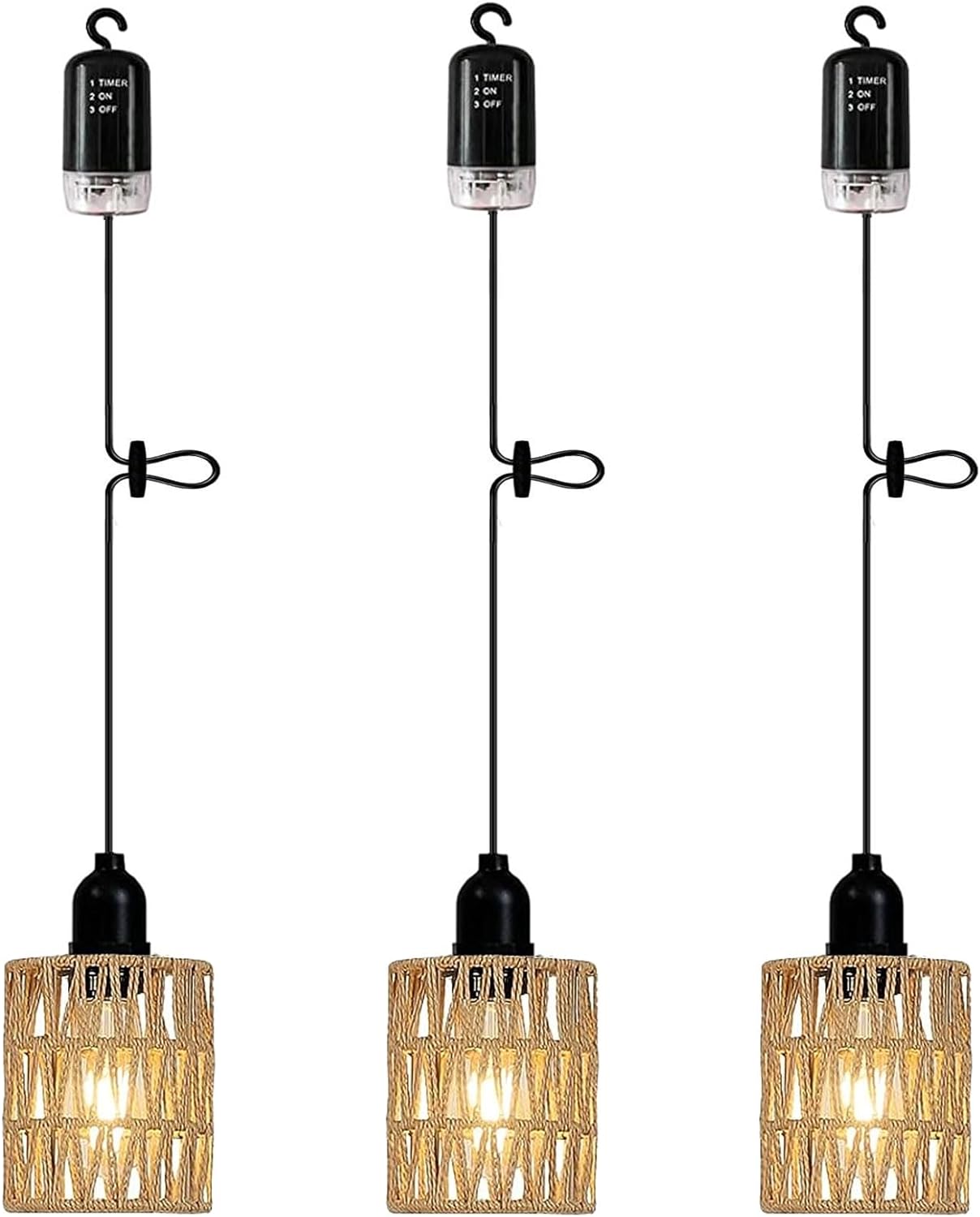 3 Pack Outdoor Chandelier Pendant Light for Gazebo Battery Operated Boho Hanging Lamp Bamboo Handmade Rattan Decorative Lights LED Lantern Bulb Powered by 4*AA Batteries for Porch Patio Backyard Decor