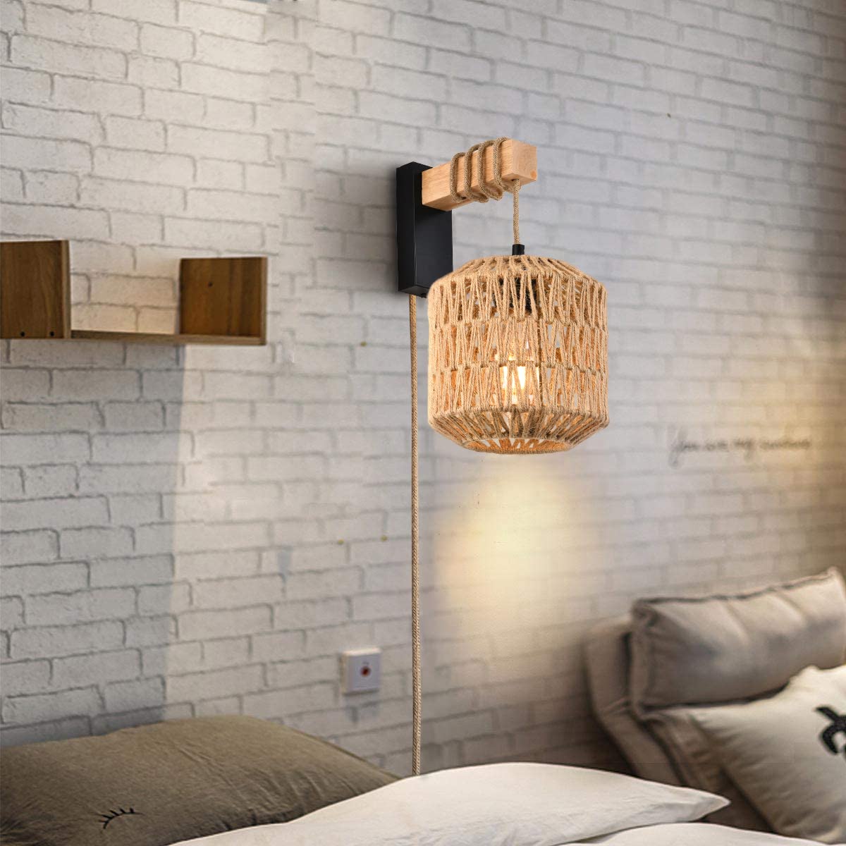 Rattan Wall Sconces Set of Two Plug in,Farmhouse Plug in Wall Sconces Hand Woven Bamboo Wall Light Fixtures with Switch,Rustic Black Wall Sconce Light Wall Lamp Plug in Sconces for Living Room Bedroom