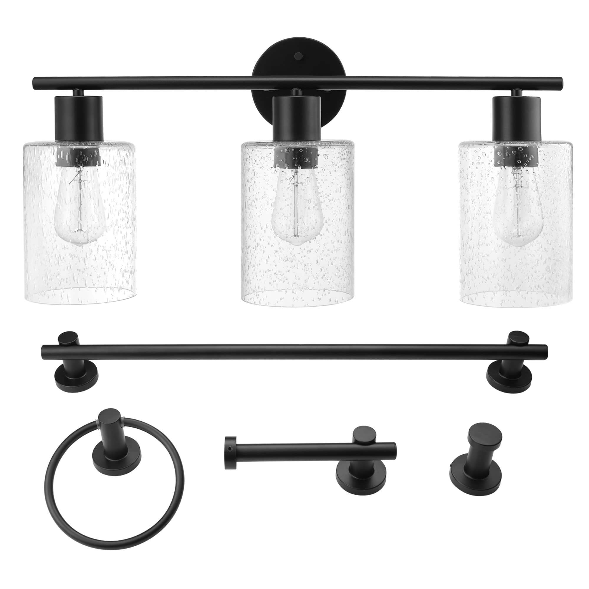 Globe Electric 51710 Bathroom Accessory Set, Matte Black, 3-Light Vanity Light, Towel Bar, Towel Ring, Robe Hook, Toilet Paper Holder, Bathroom Lights Over Mirror, Home Décor, Brooklyn, 5-Piece