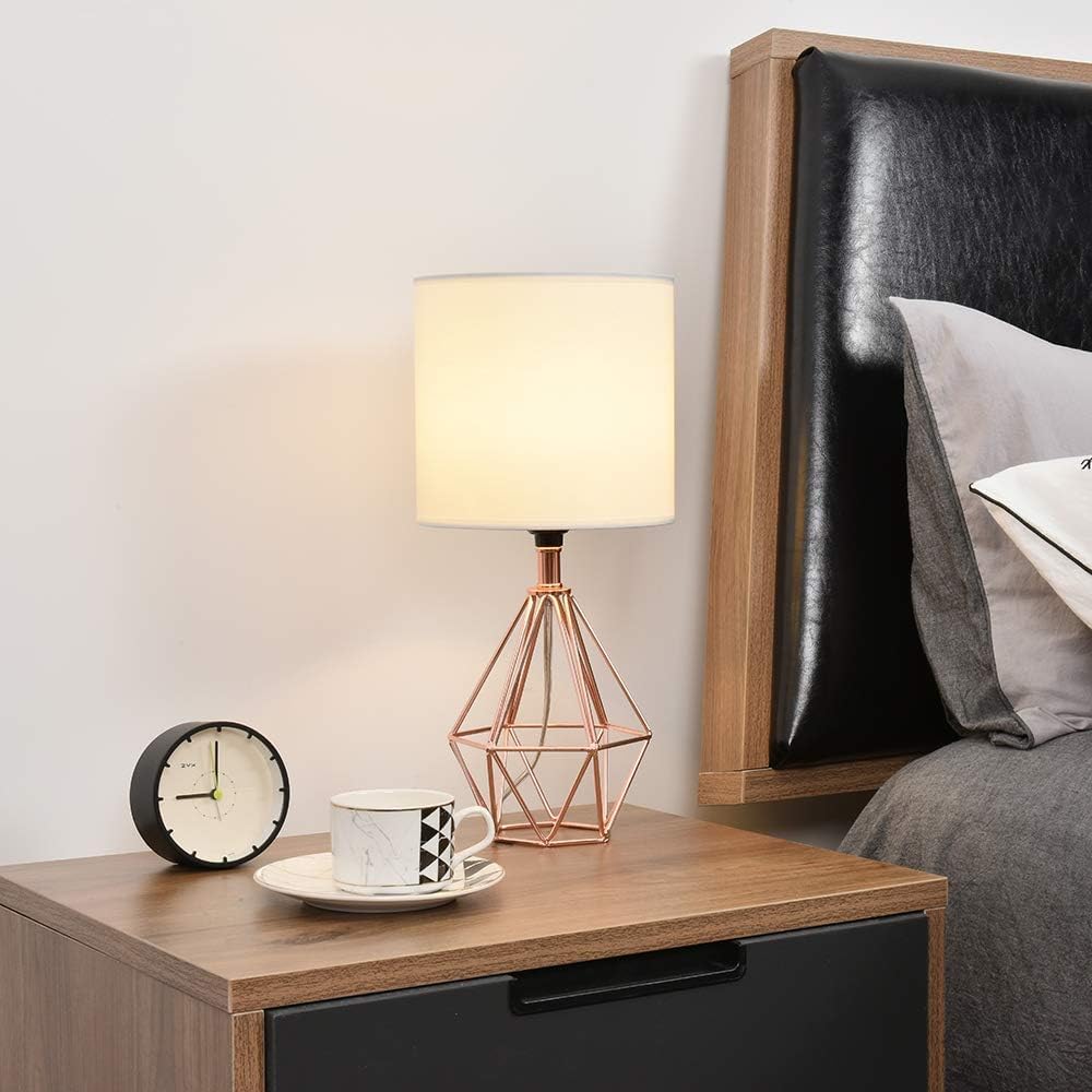 Gold Modern Hollow Out Base Bedroom Small Table Lamp,Bedside Nightstand Lamp with Geometric Metal Base White Fabric Shade,Cute Desk Lamp for Kids Living Room