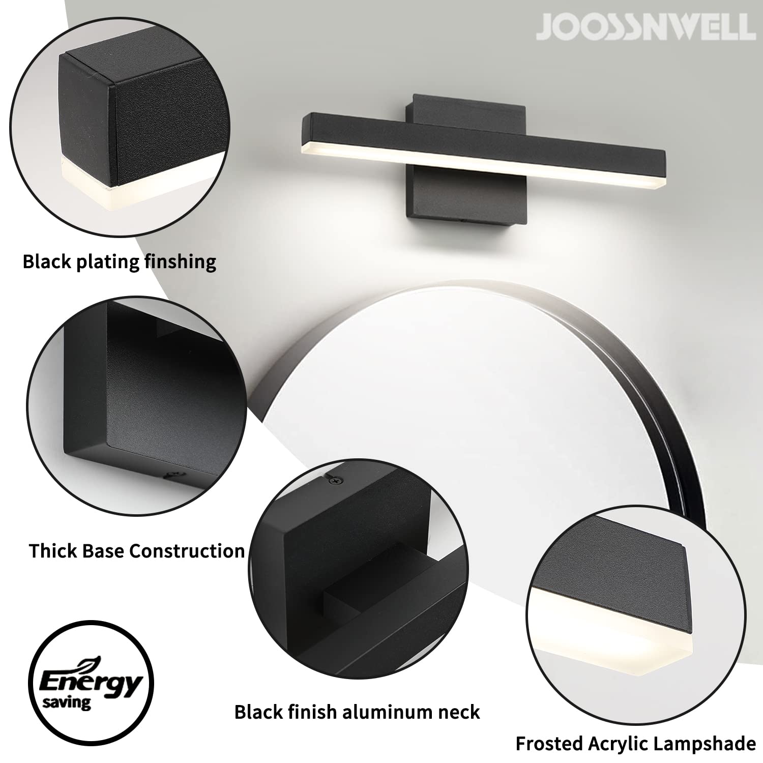 Joossnwell LED Bathroom Vanity Lighting Fixture Modern Bath Light Bar 15.75inch Black Wall Sconce 12W 4000K