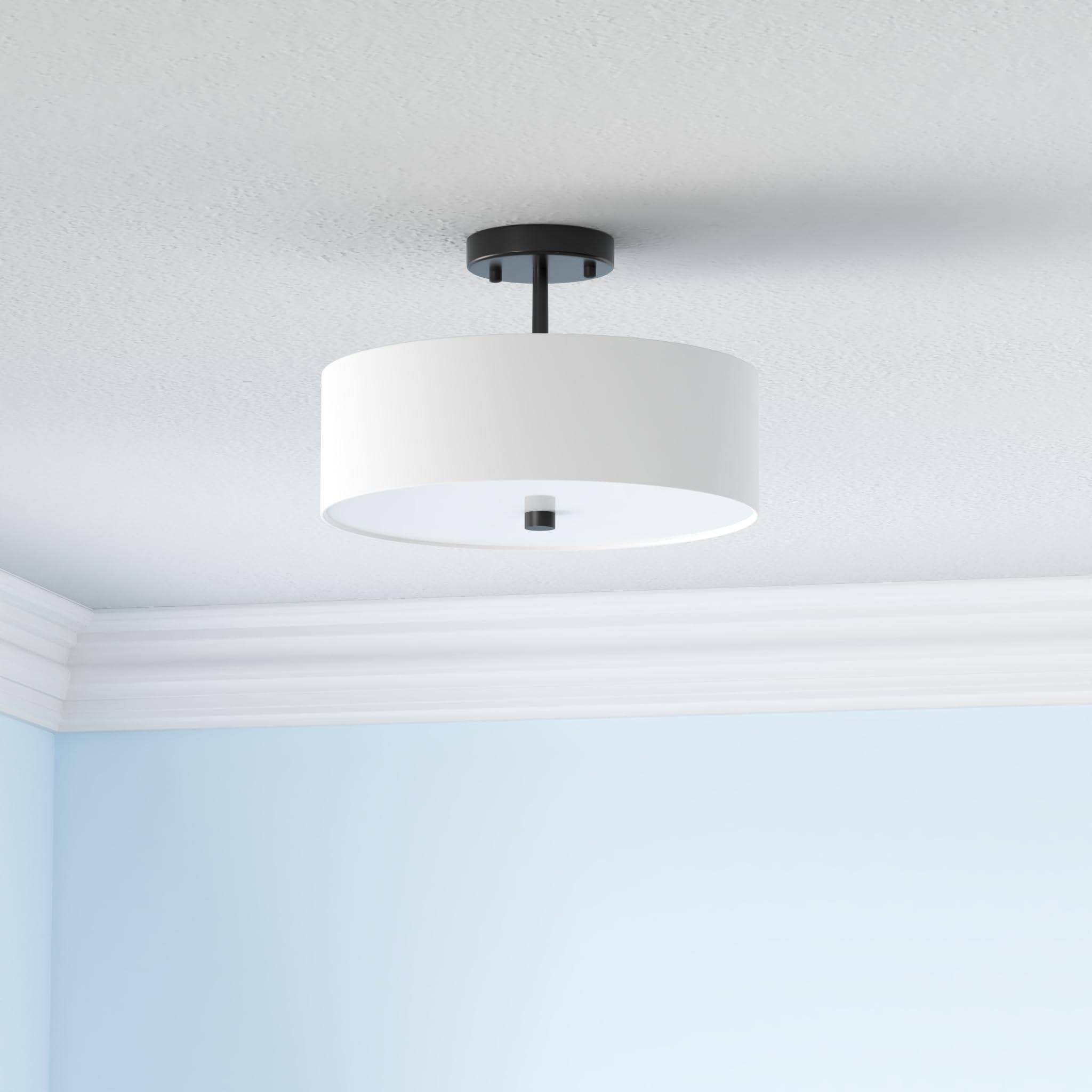 3-Light Semi Flush Mount Ceiling Light Fixture, 13" Black Drum Light, Modern Close to Ceiling Light with White Fabric Shade Lamps for Bedroom Living Dining Room Kitchen Hallway Entryway